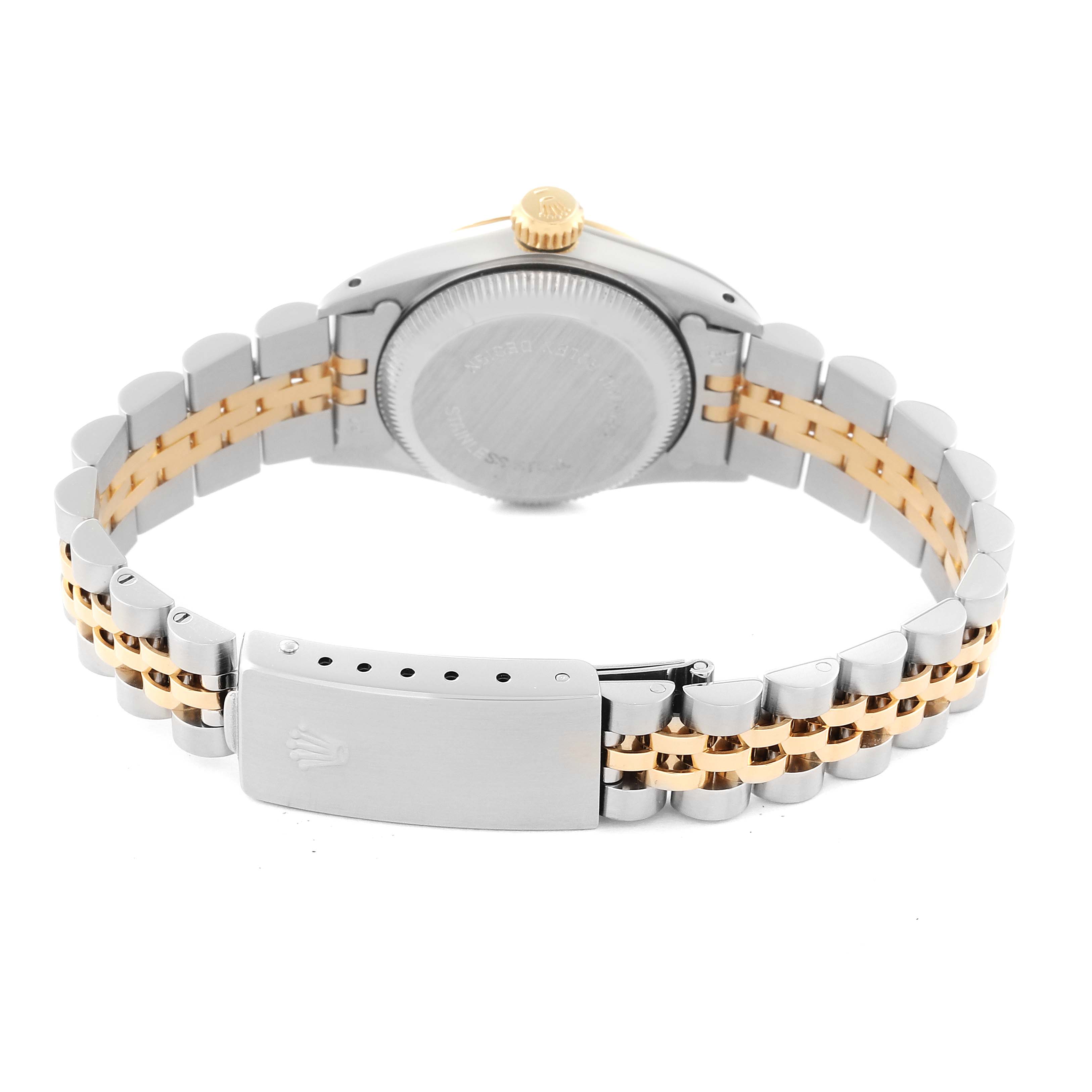 The image displays the back view of a Rolex Oyster Perpetual 67193 Women's Stainless Steel Champagne Dial 67193 Women's Stainless Steel Champagne Dial watch, highlighting the case back and partially open bracelet clasp.