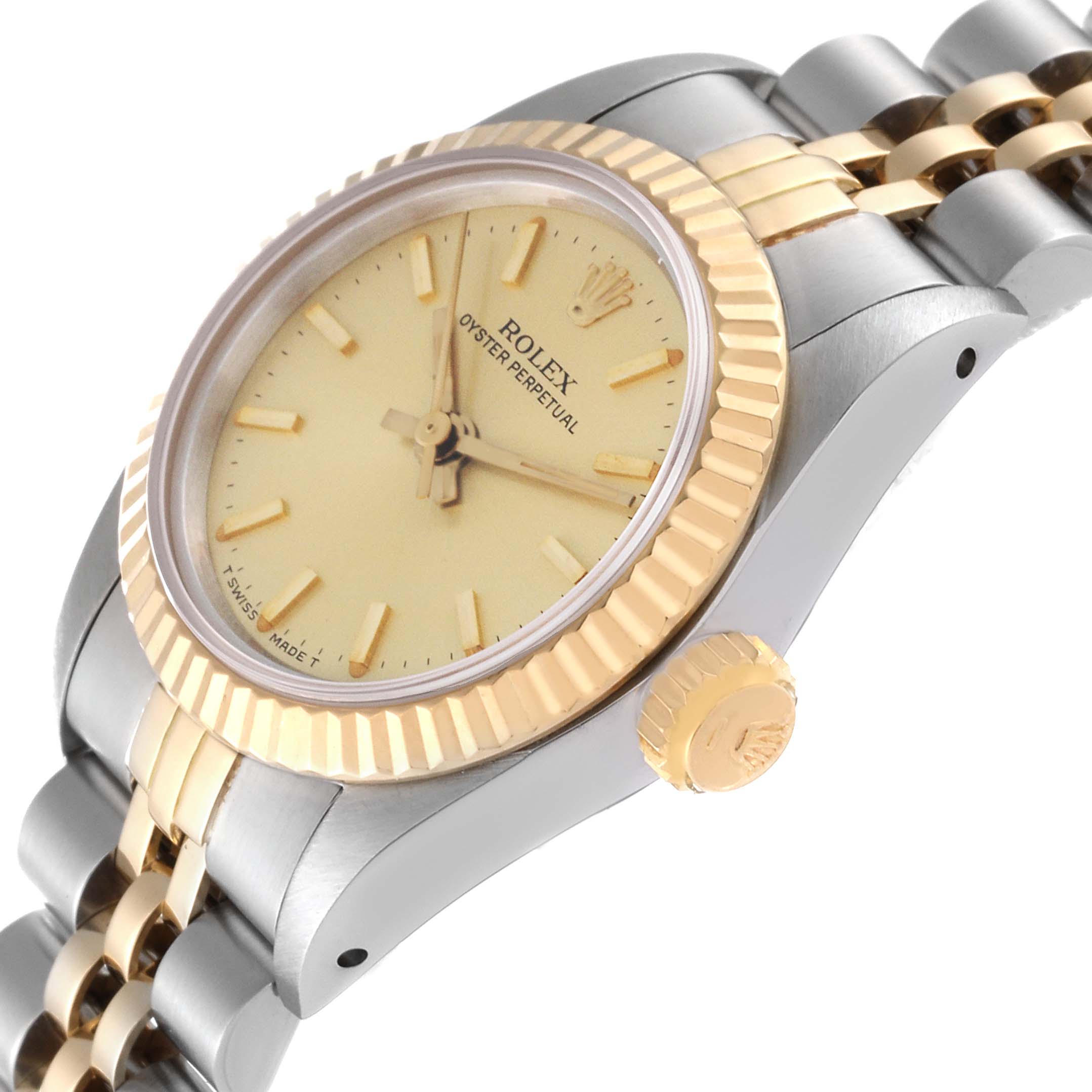 This image shows a close-up side and front view of the Rolex Oyster Perpetual 67193 Women's Stainless Steel Champagne Dial 67193 Women's Stainless Steel Champagne Dial watch, highlighting the dial, bezel, and crown.