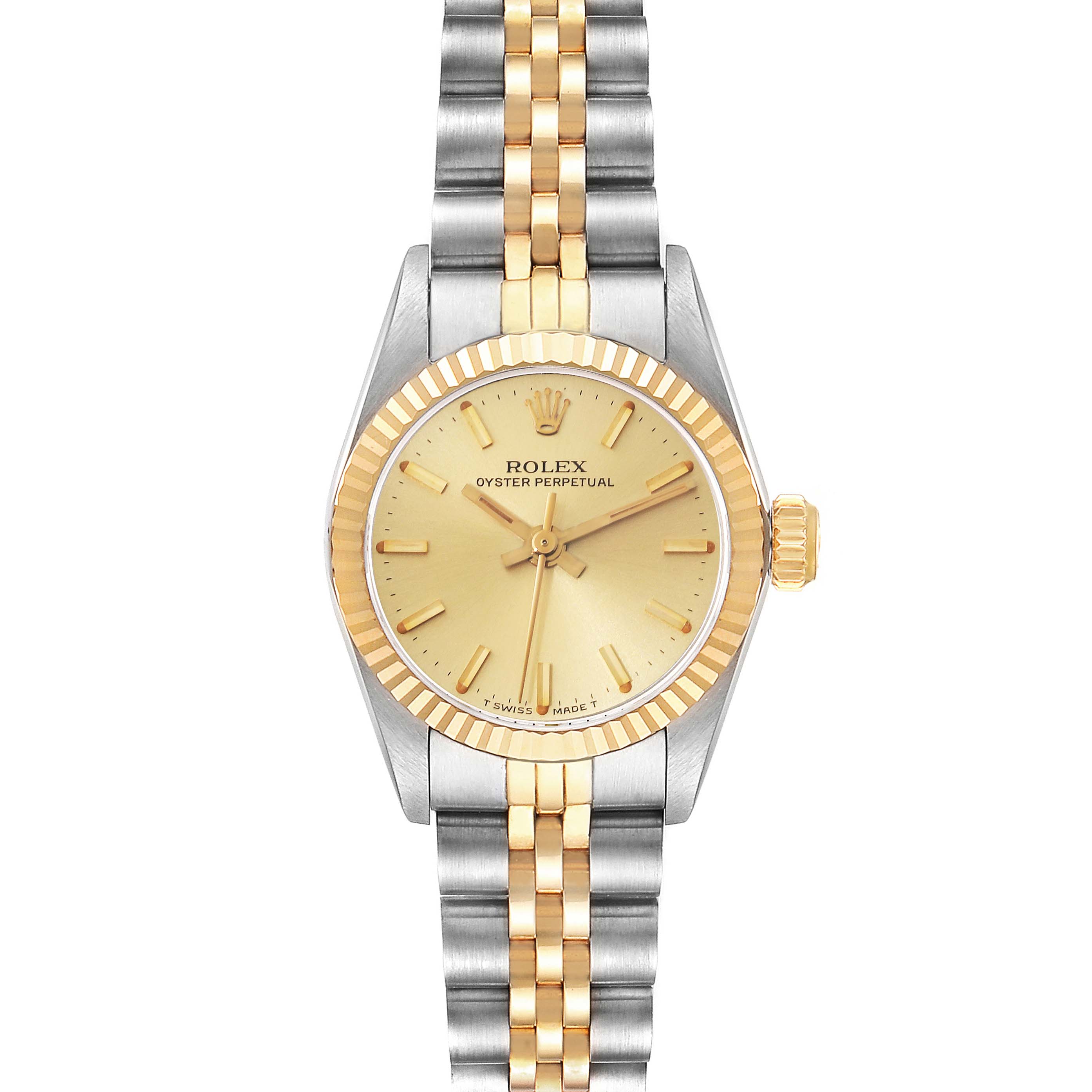 This Rolex Oyster Perpetual 67193 Women's Stainless Steel Champagne Dial 67193 Women's Stainless Steel Champagne Dial watch is shown from a top-down angle, highlighting its dial, bezel, crown, and bracelet.