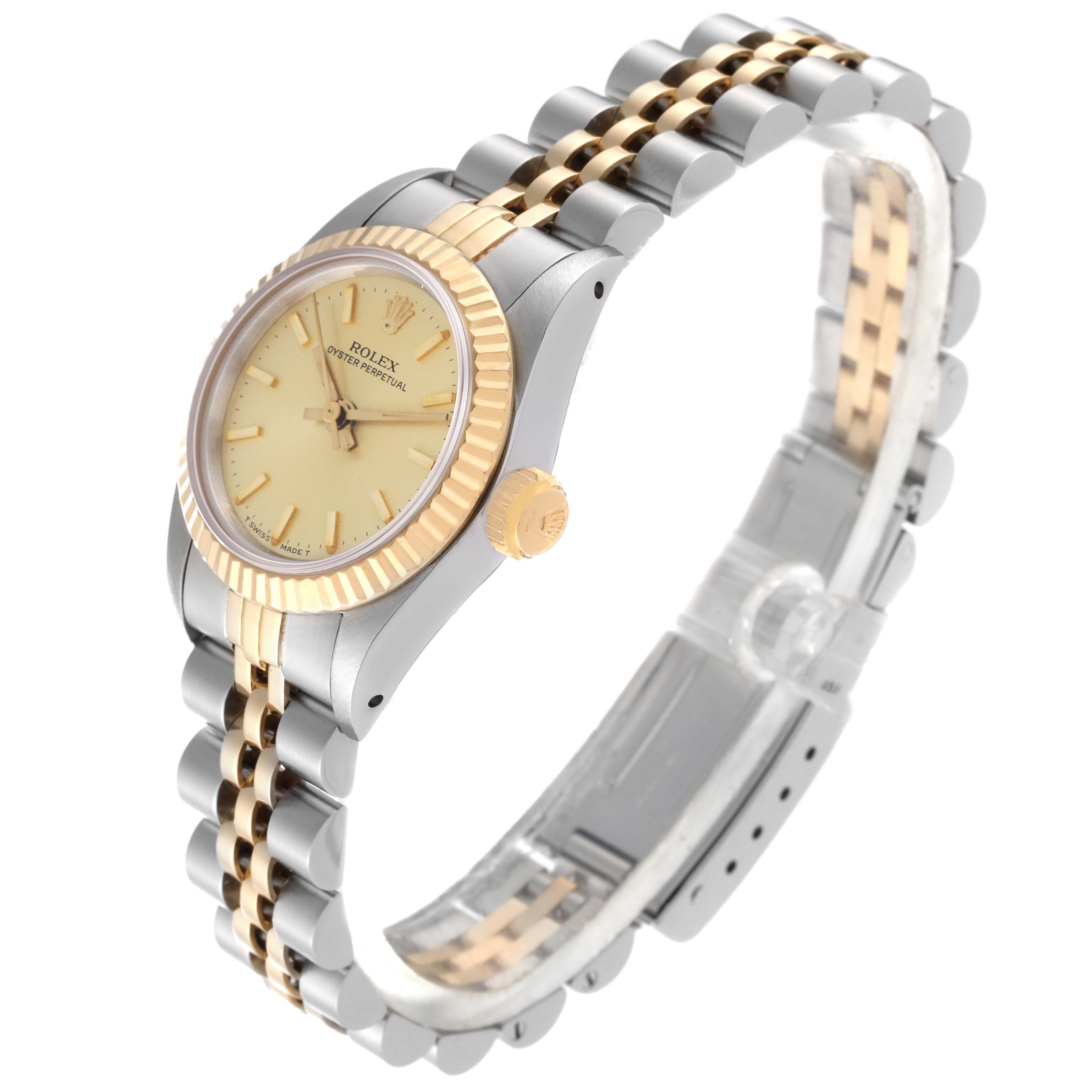 The image shows a side angle of a Rolex Oyster Perpetual 67193 Women's Stainless Steel Champagne Dial 67193 Women's Stainless Steel Champagne Dial watch, highlighting the bezel, dial, crown, and two-tone bracelet.