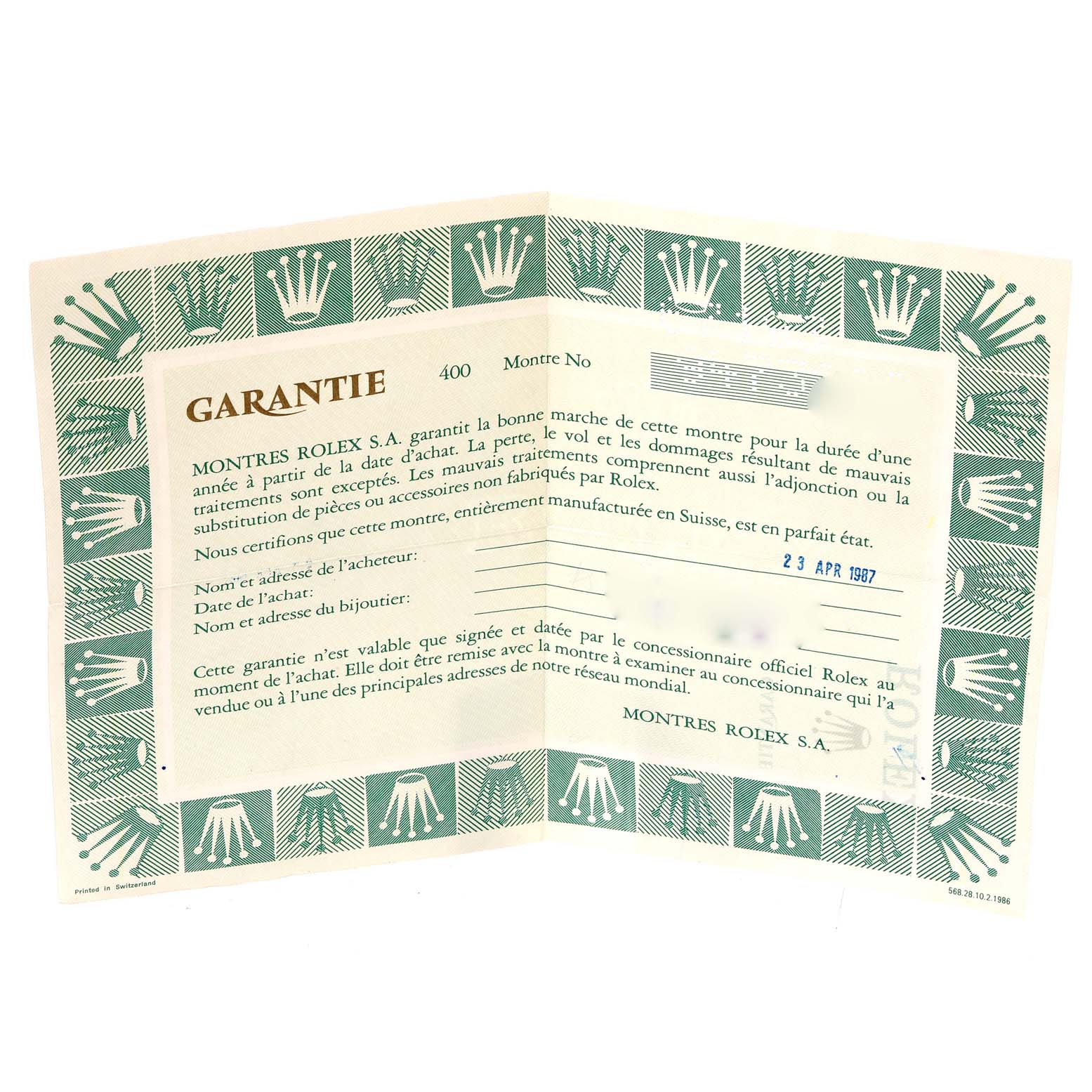 The image shows a guarantee card for the Rolex Oyster Perpetual 67193 Women's Stainless Steel Champagne Dial 67193 Women's Stainless Steel Champagne Dial watch, with text and the brand's logo.