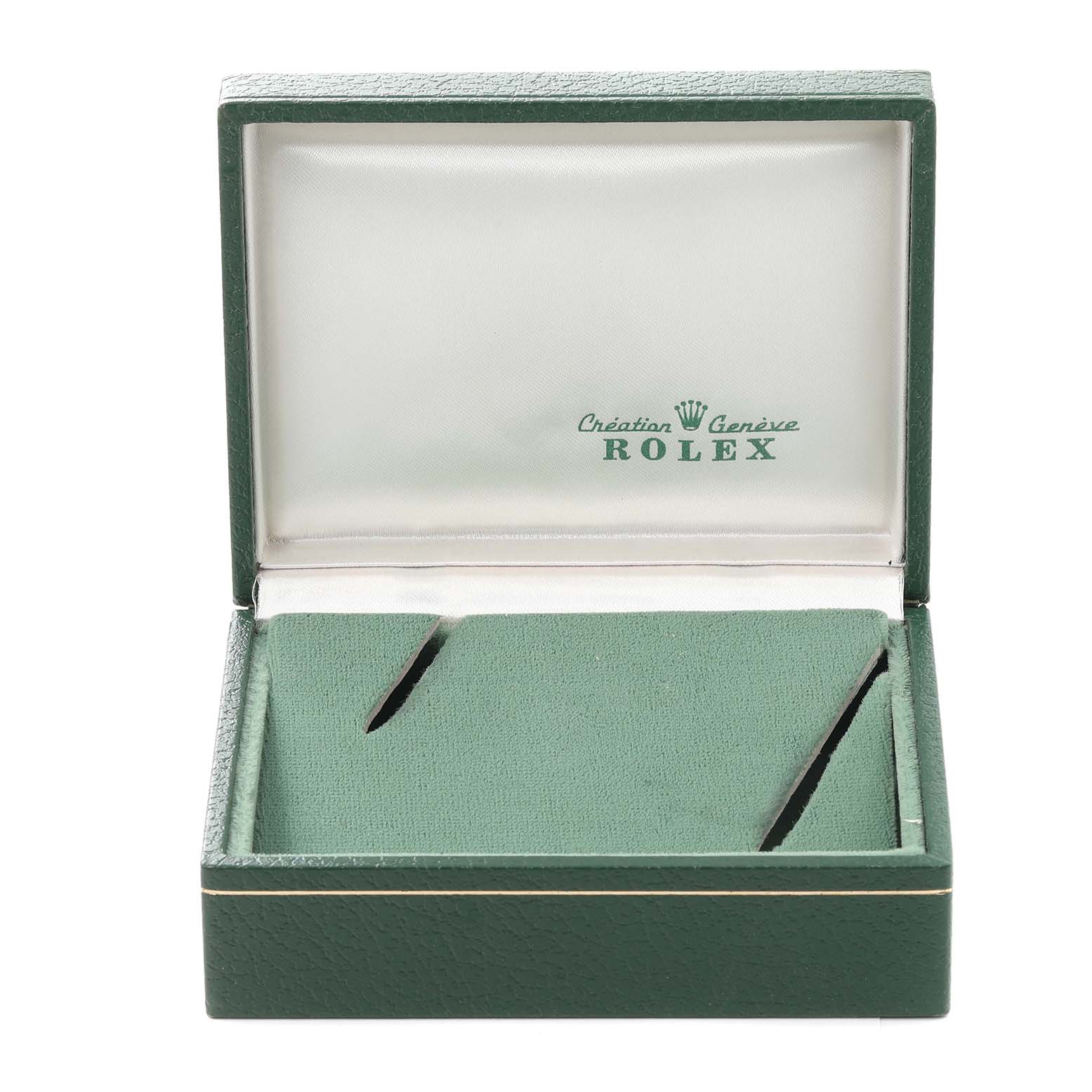 This image shows an open Rolex Vintage Collection 6694 Men's Stainless Steel Silver Dial 6694 Men's Stainless Steel Silver Dial watch box, viewed from the front.