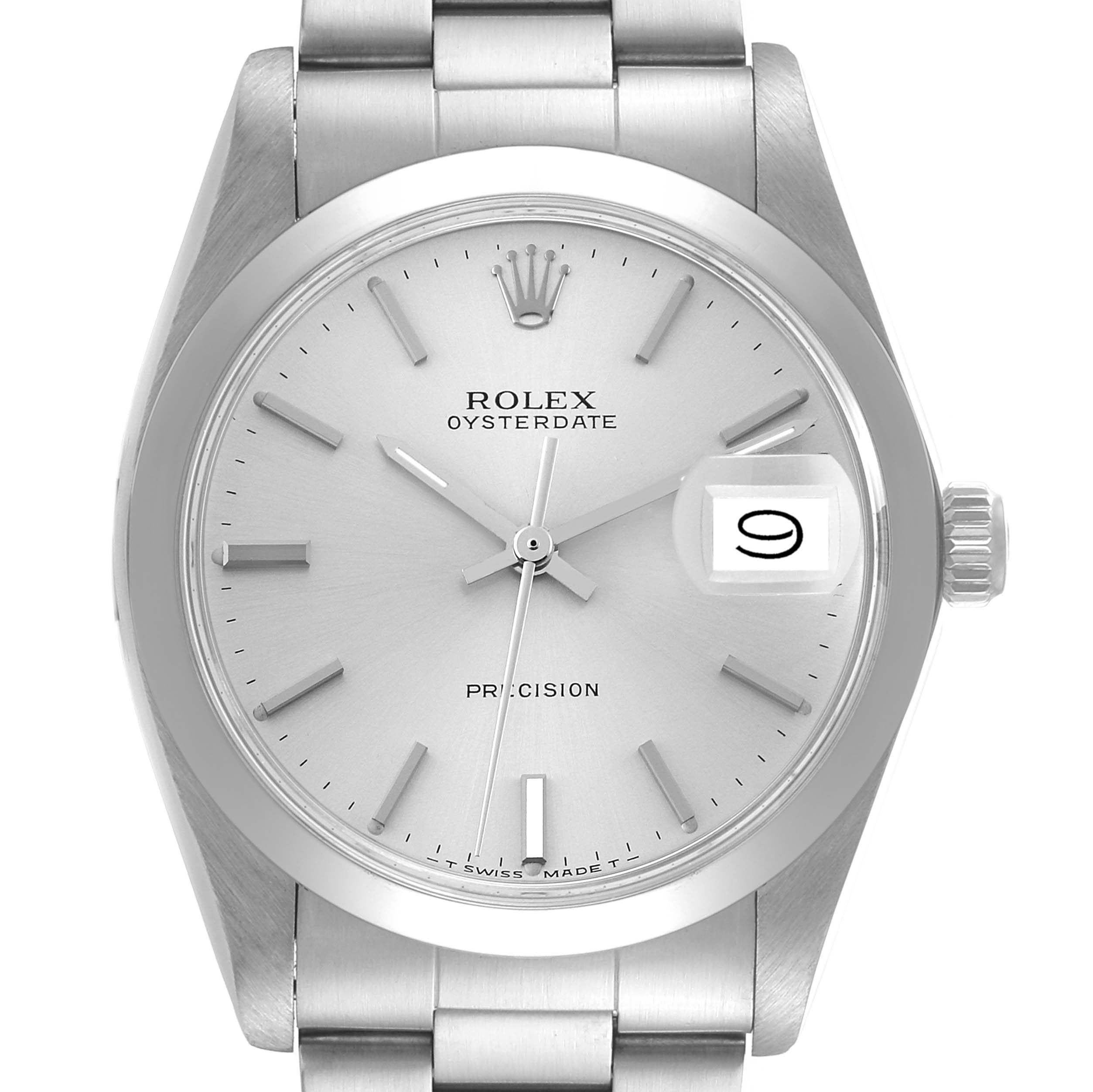 The image shows a front view of the Vintage Collection Rolex Oysterdate watch, highlighting the dial, hour markers, and date window.