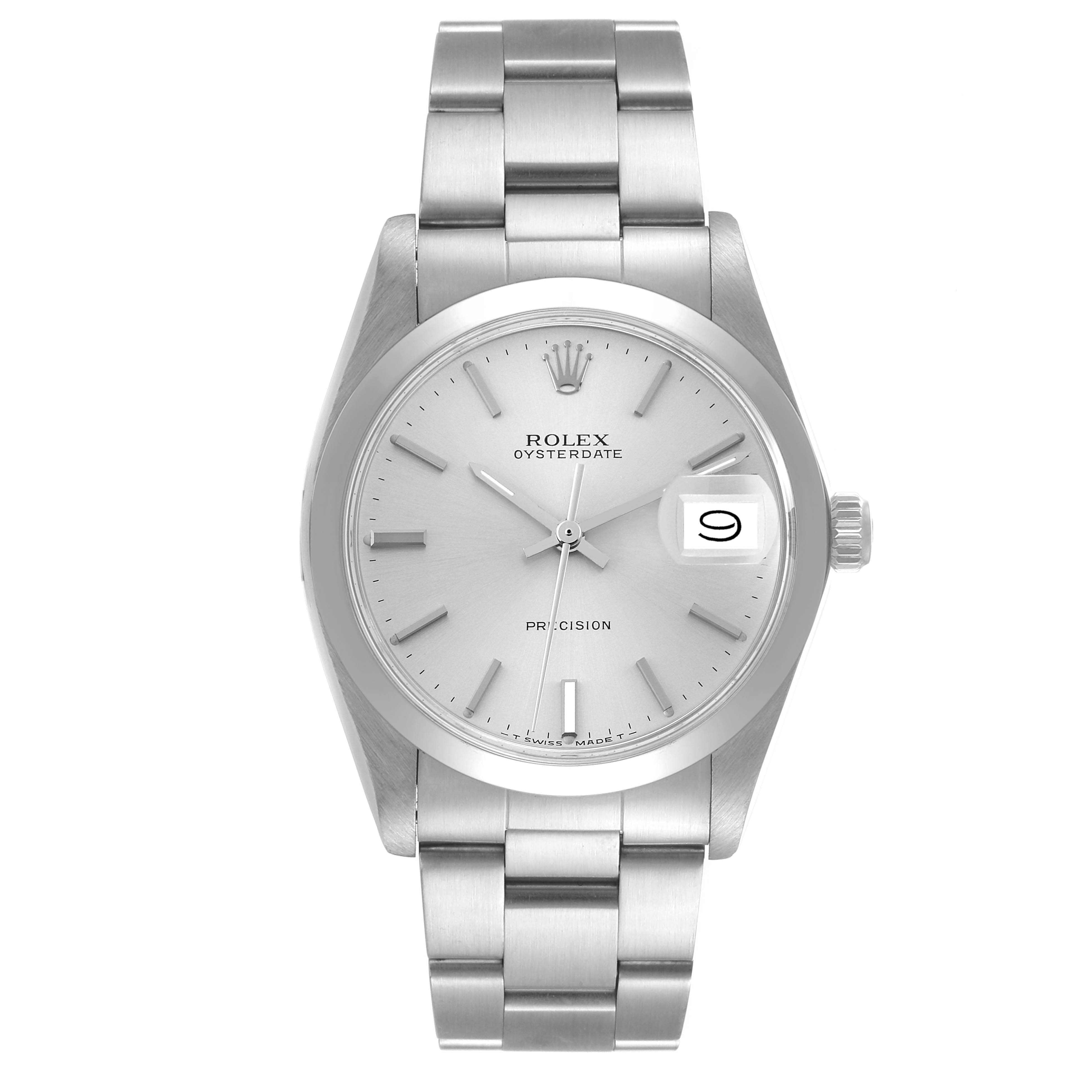 The image shows a front view of the Rolex Vintage Collection 6694 Men's Stainless Steel Silver Dial 6694 Men's Stainless Steel Silver Dial watch, featuring its silver dial, bracelet, and date display.