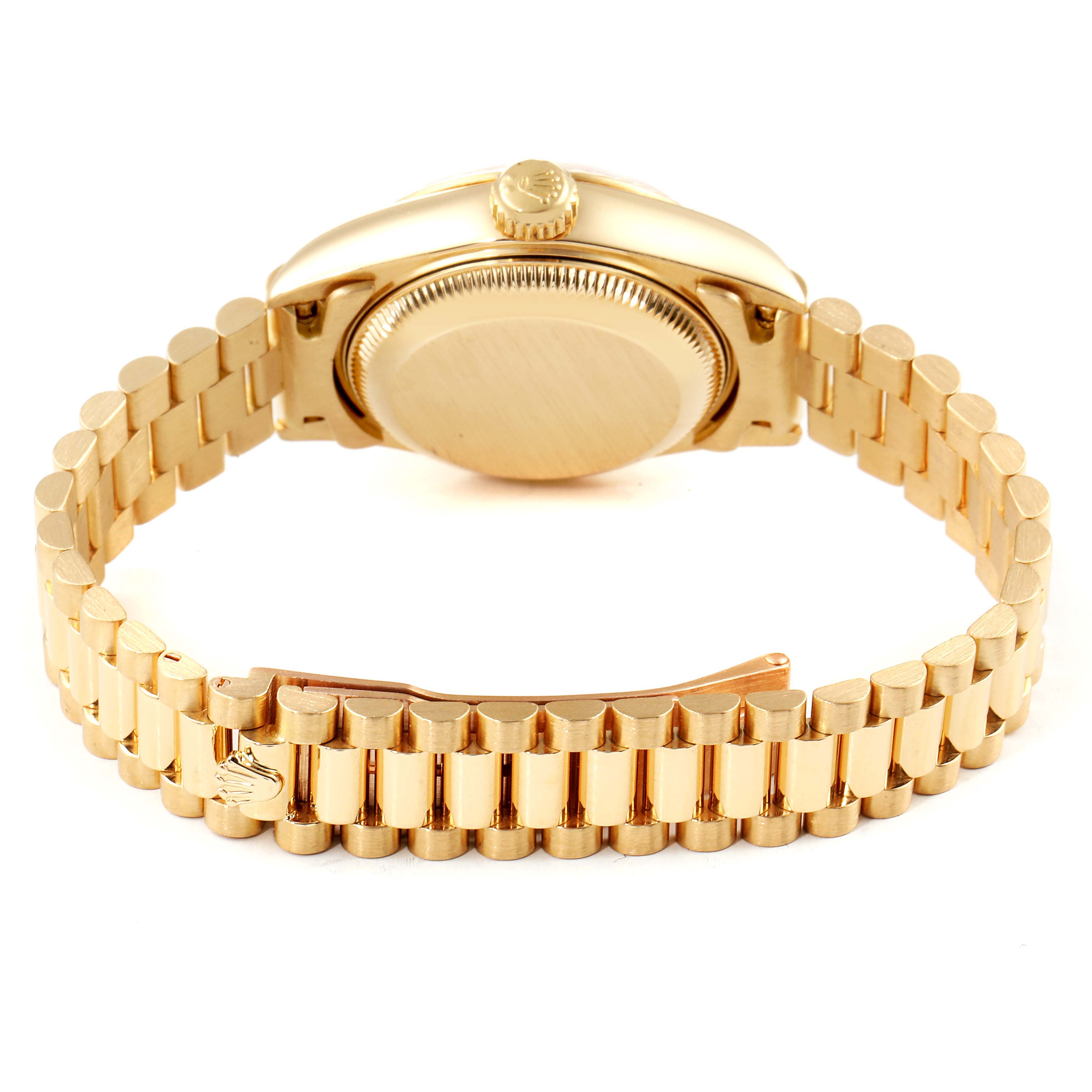 This image shows the back view of a Rolex President 79178 Women
s Yellow Gold Champagne Dial 79178 Women
s Yellow Gold Champagne Dial model watch, highlighting the bracelet, watch case, and crown.