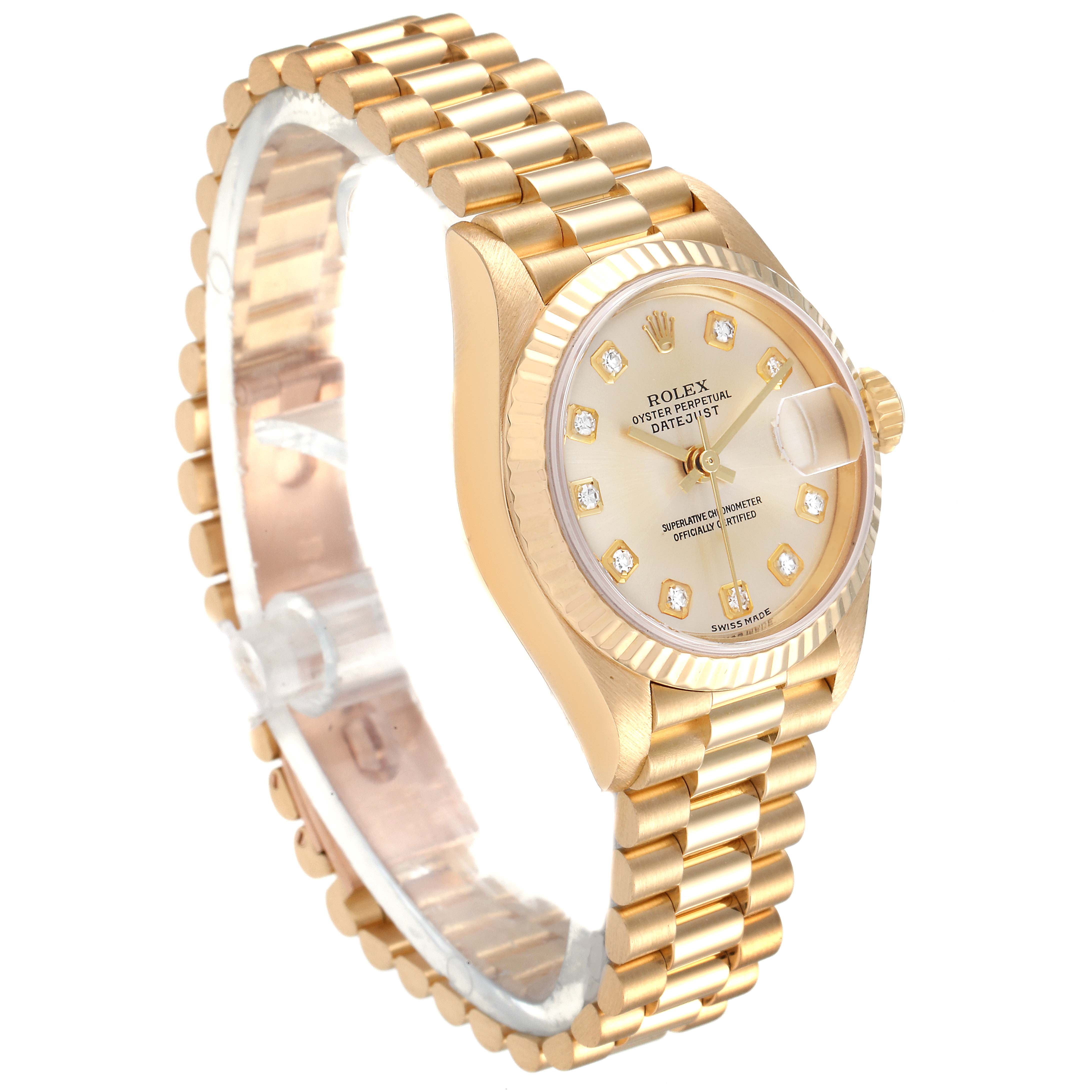 The Rolex President 79178 Women
s Yellow Gold Champagne Dial 79178 Women
s Yellow Gold Champagne Dial model watch is shown at a slight angled view, highlighting the face, bezel, crown, and bracelet.
