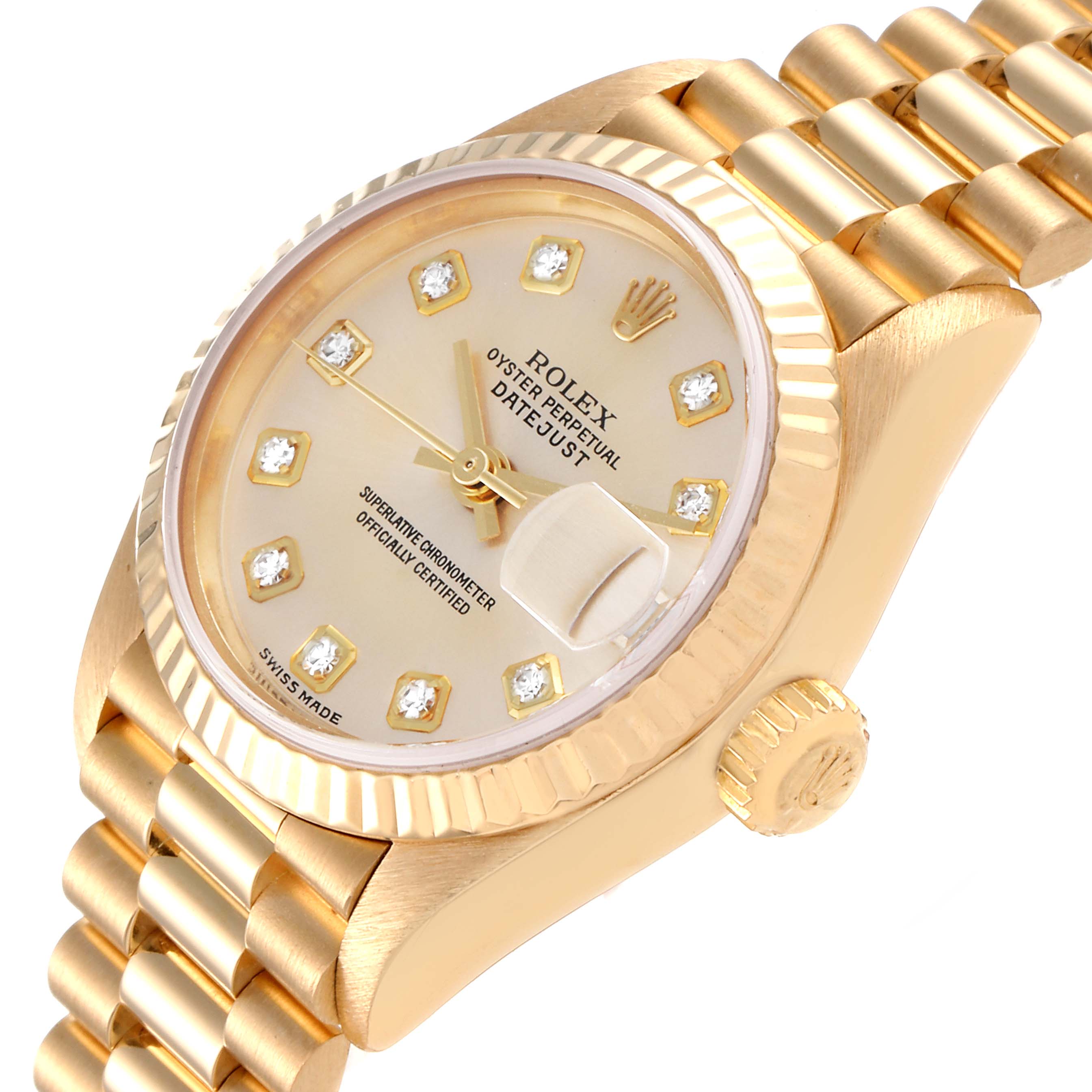 The image shows a close-up angle of the Rolex President 79178 Women
s Yellow Gold Champagne Dial 79178 Women
s Yellow Gold Champagne Dial model, displaying the dial, case, and part of the bracelet.