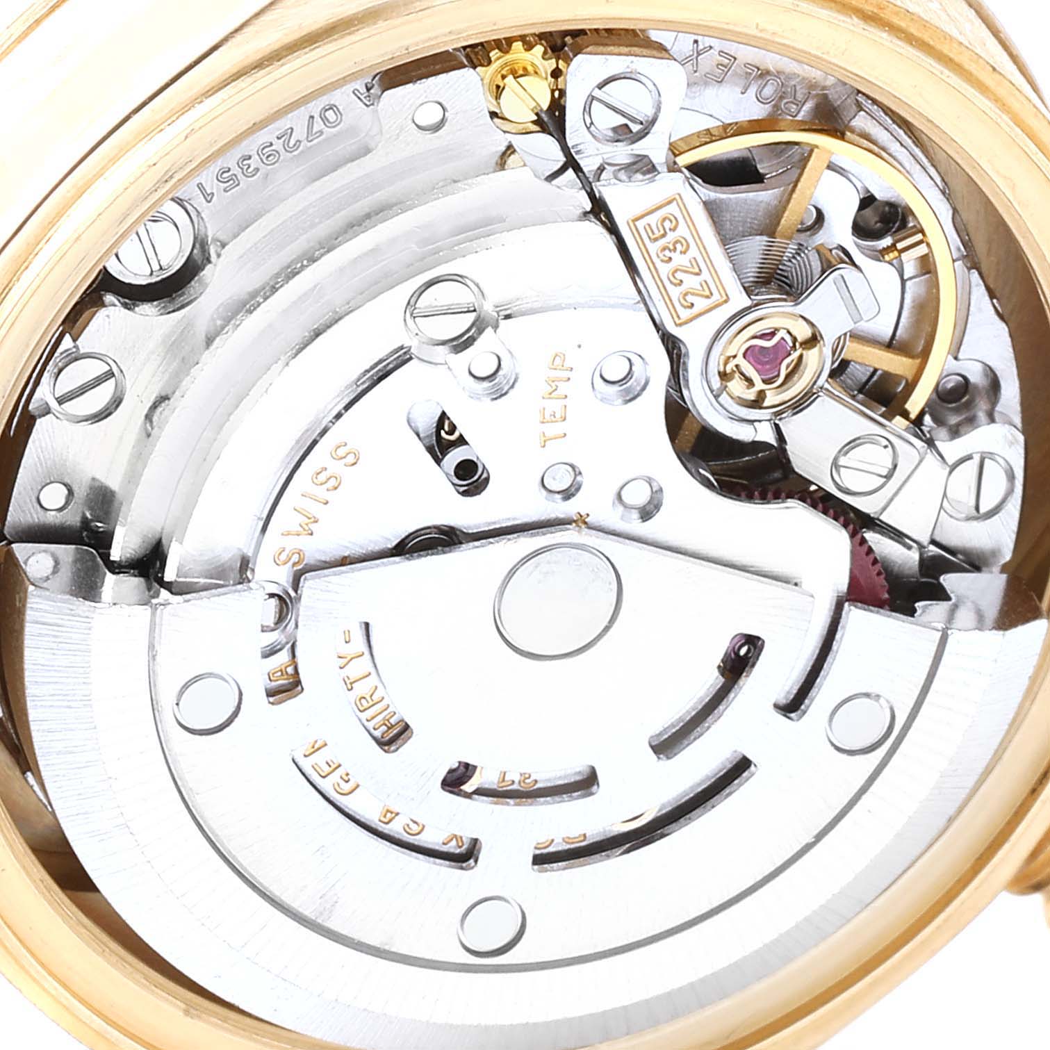 This image shows the inner mechanical movement of a Rolex President 79178 Women
s Yellow Gold Champagne Dial 79178 Women
s Yellow Gold Champagne Dial model watch from a close-up, top-down angle.