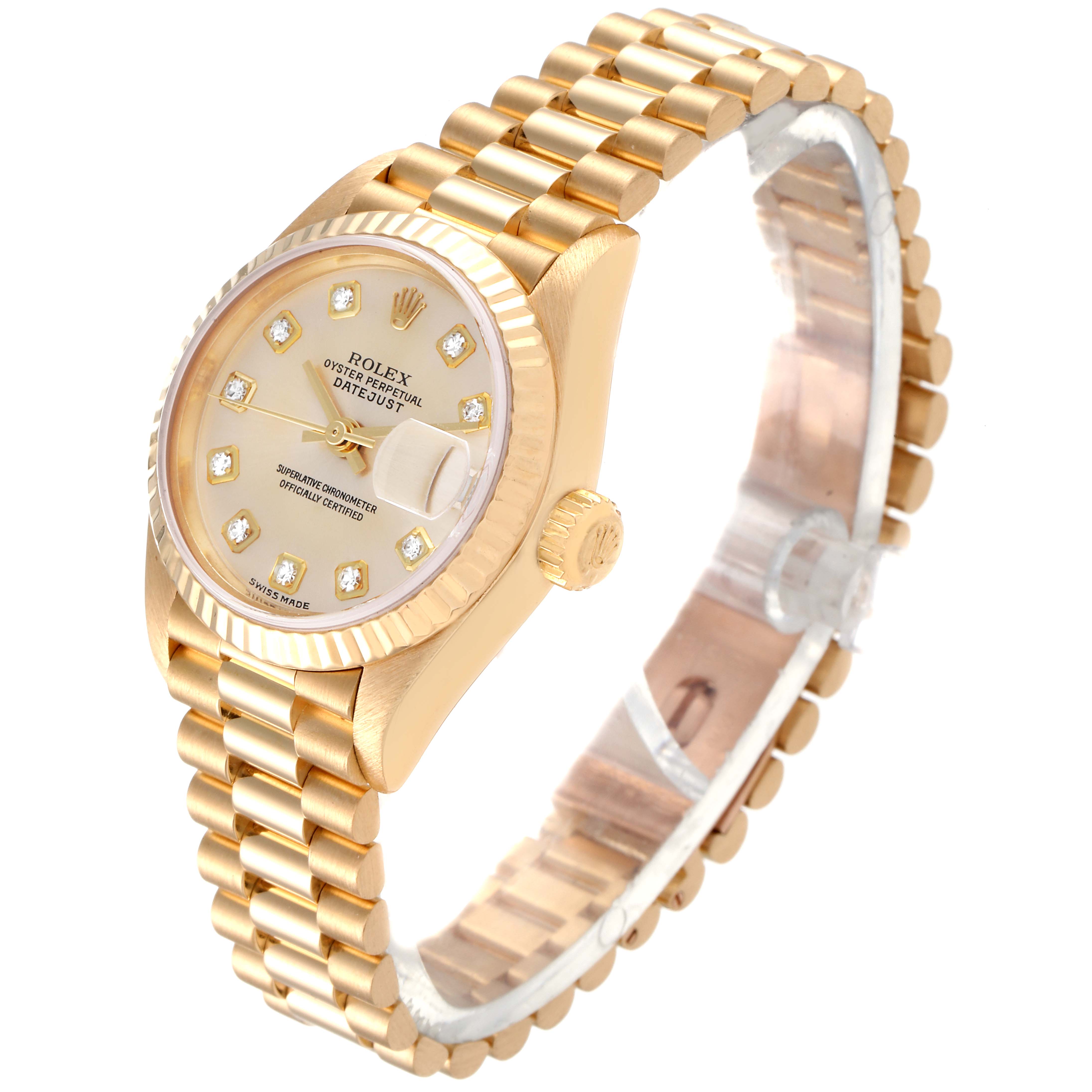 This image shows a Rolex President 79178 Women
s Yellow Gold Champagne Dial 79178 Women
s Yellow Gold Champagne Dial model watch at a three-quarter angle, highlighting its gold bracelet, dial, and crown.