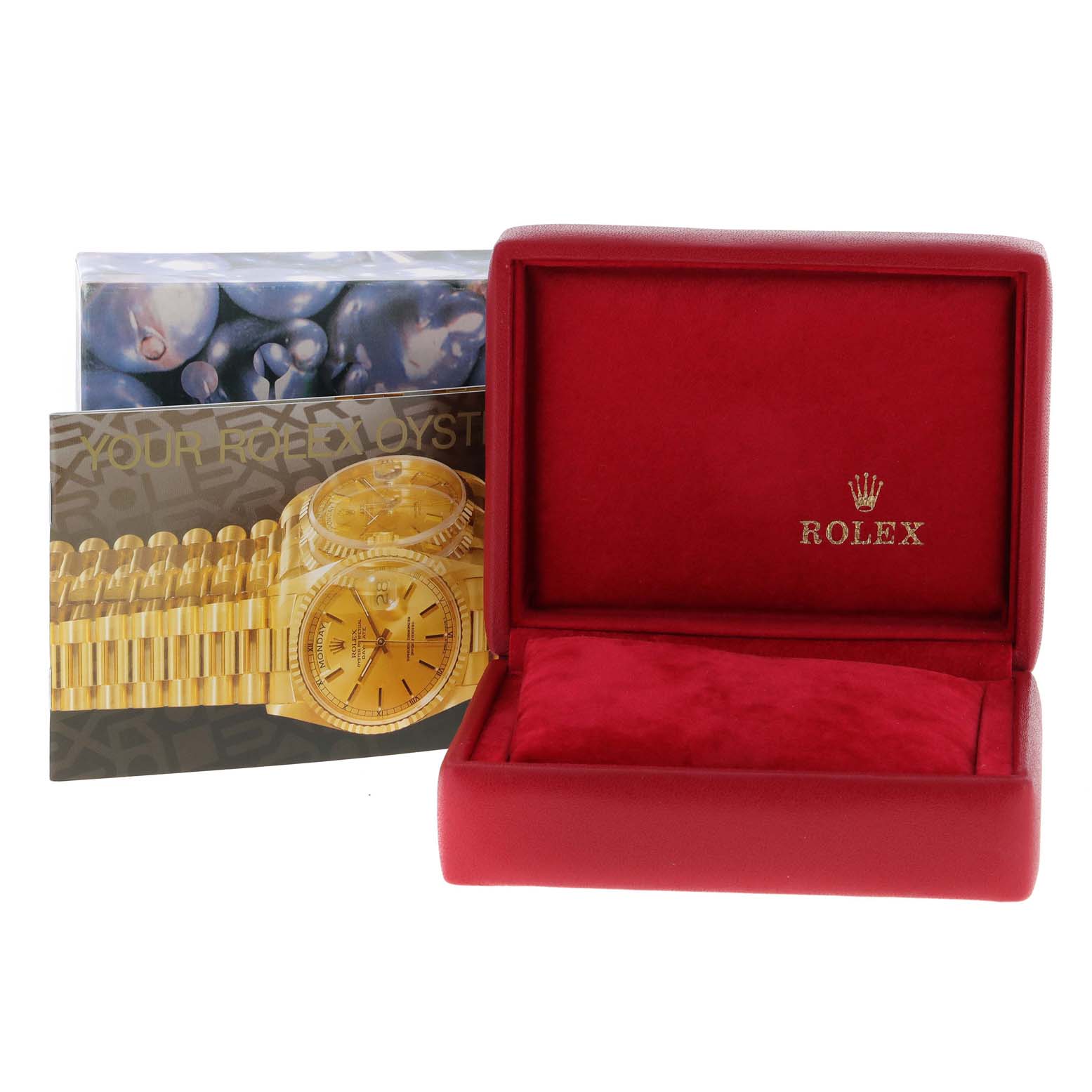 The image shows a Rolex President 79178 Women
s Yellow Gold Champagne Dial 79178 Women
s Yellow Gold Champagne Dial model watch box, booklet, and an empty red display case.