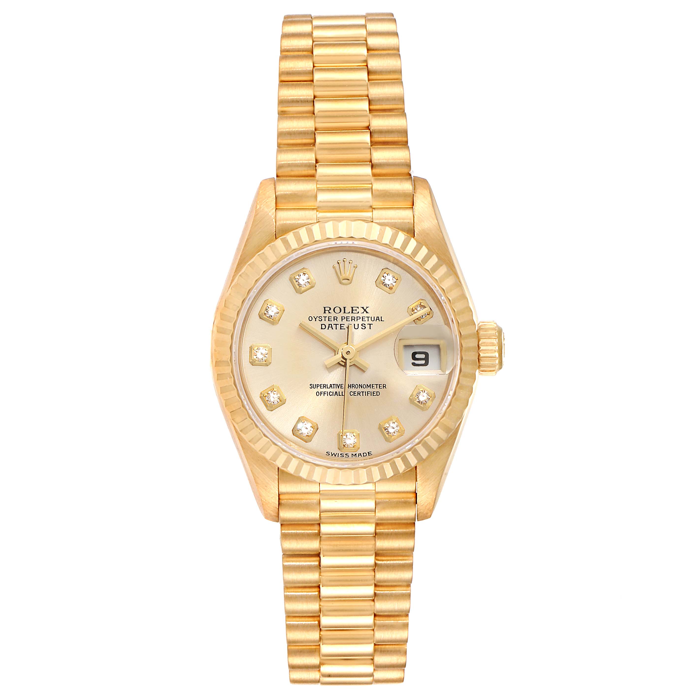 The Rolex President 79178 Women
s Yellow Gold Champagne Dial 79178 Women
s Yellow Gold Champagne Dial model wristwatch is shown from a top-down view, featuring its gold bracelet, dial, and date window.