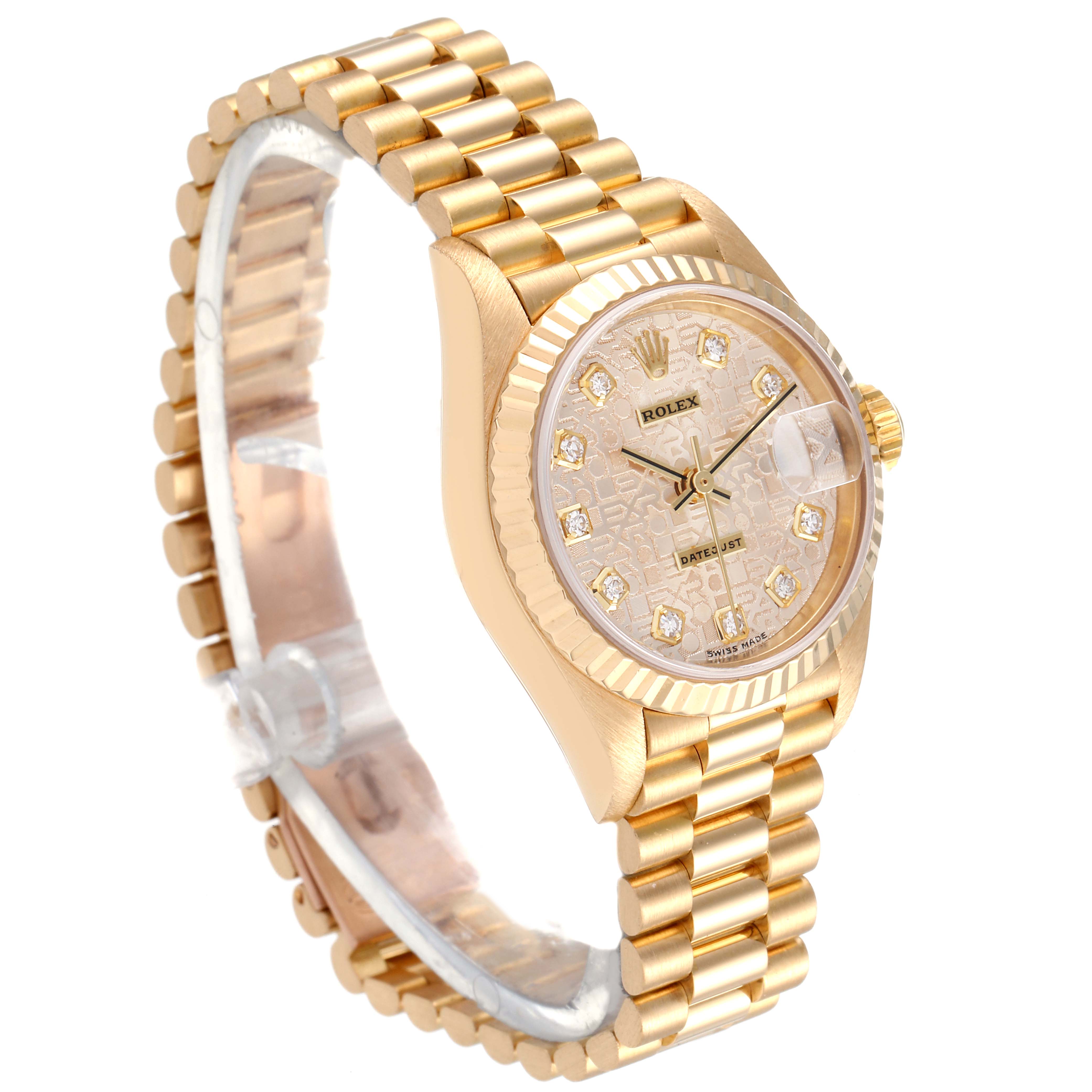The image shows the Rolex President 79178 Women
s Yellow Gold Champagne Dial 79178 Women
s Yellow Gold Champagne Dial model watch at an angled view, highlighting the face, dial, bezel, and bracelet.