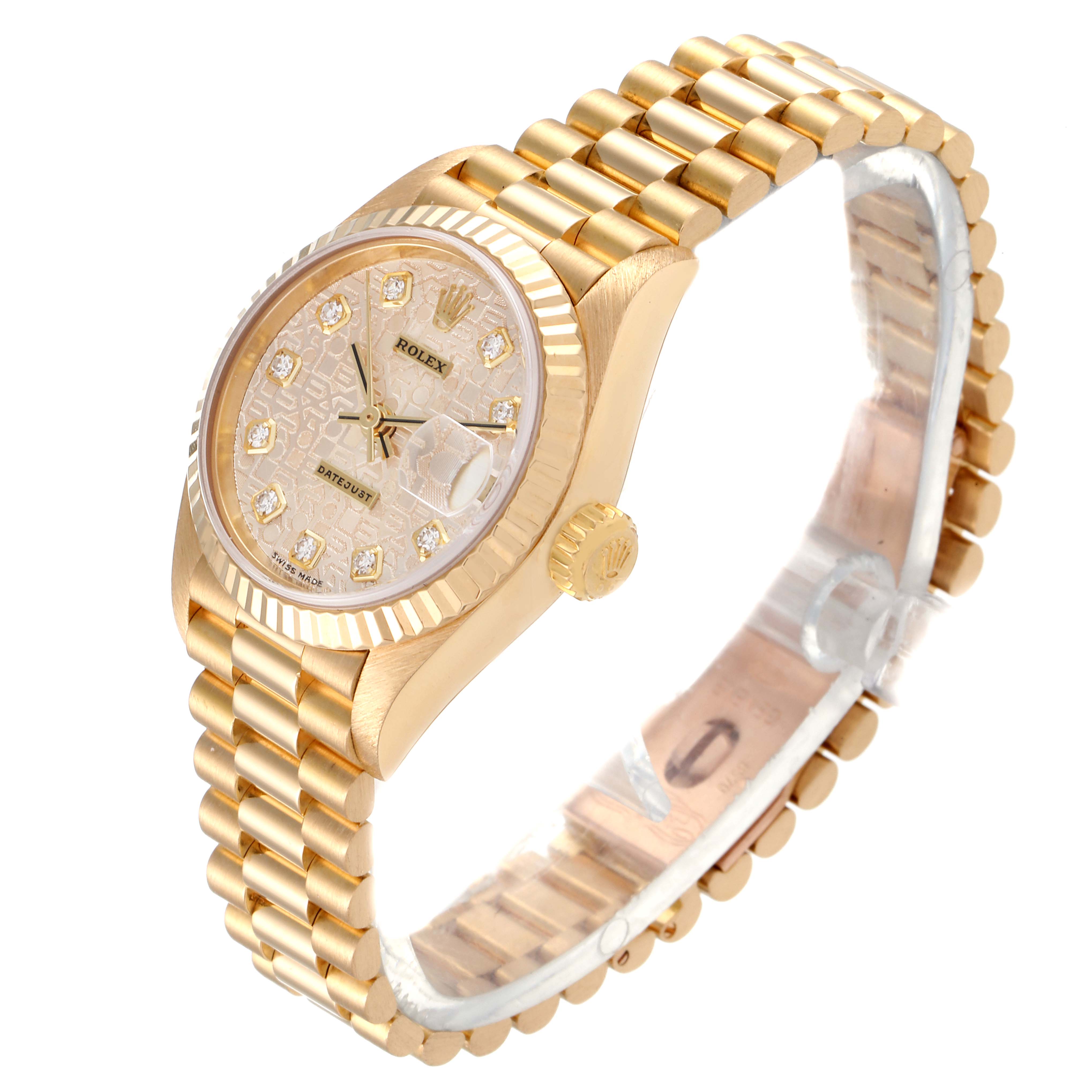 This image shows a side angle of the Rolex President 79178 Women
s Yellow Gold Champagne Dial 79178 Women
s Yellow Gold Champagne Dial model, highlighting its gold bezel, dial, and bracelet.