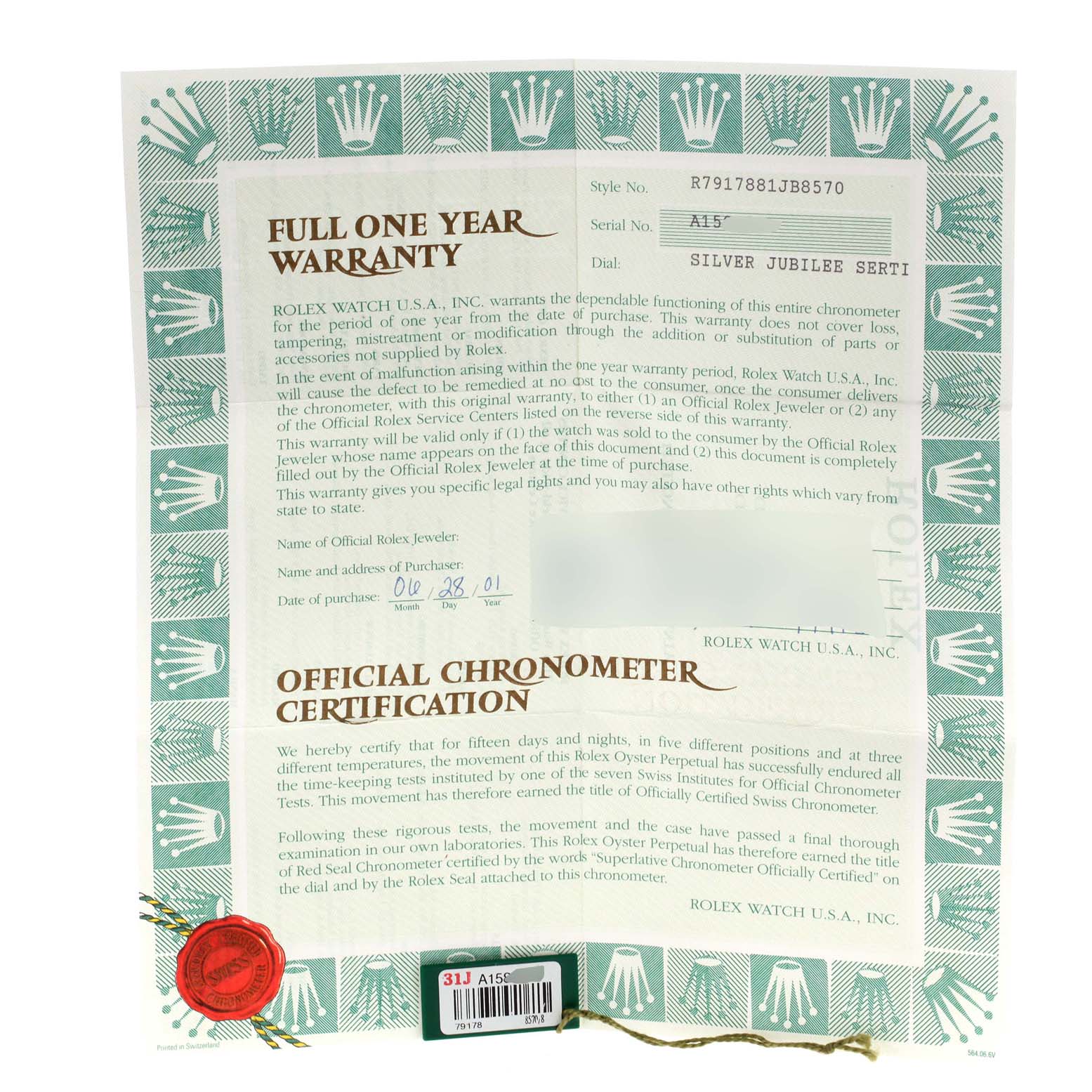 This is a flat lay document showing a Rolex President 79178 Women
s Yellow Gold Champagne Dial 79178 Women
s Yellow Gold Champagne Dial model warranty and chronometer certification.