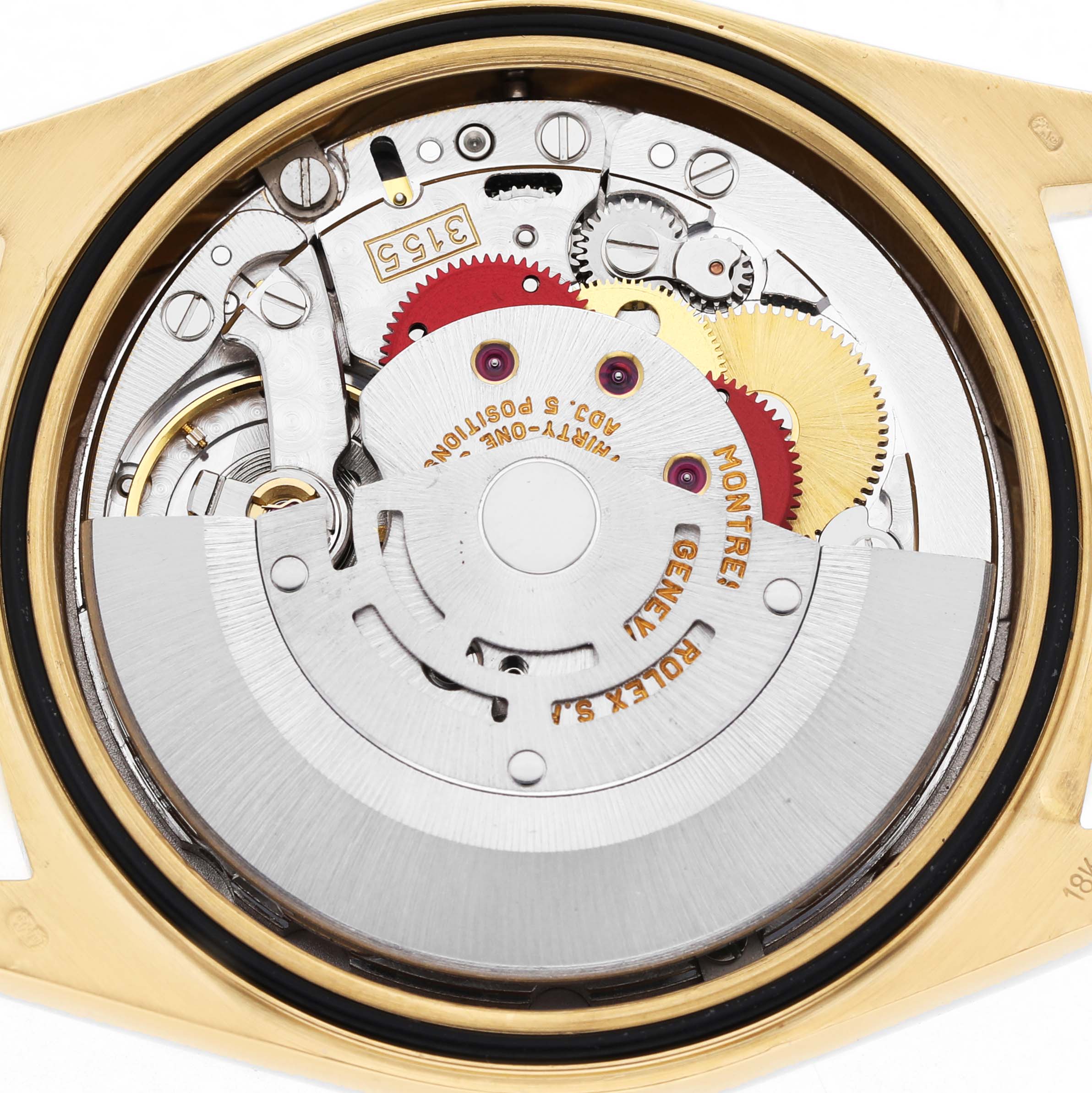 The image shows the internal movement of a Rolex President 18238 Men's Yellow Gold Champagne Dial watch from a top-down angle.
