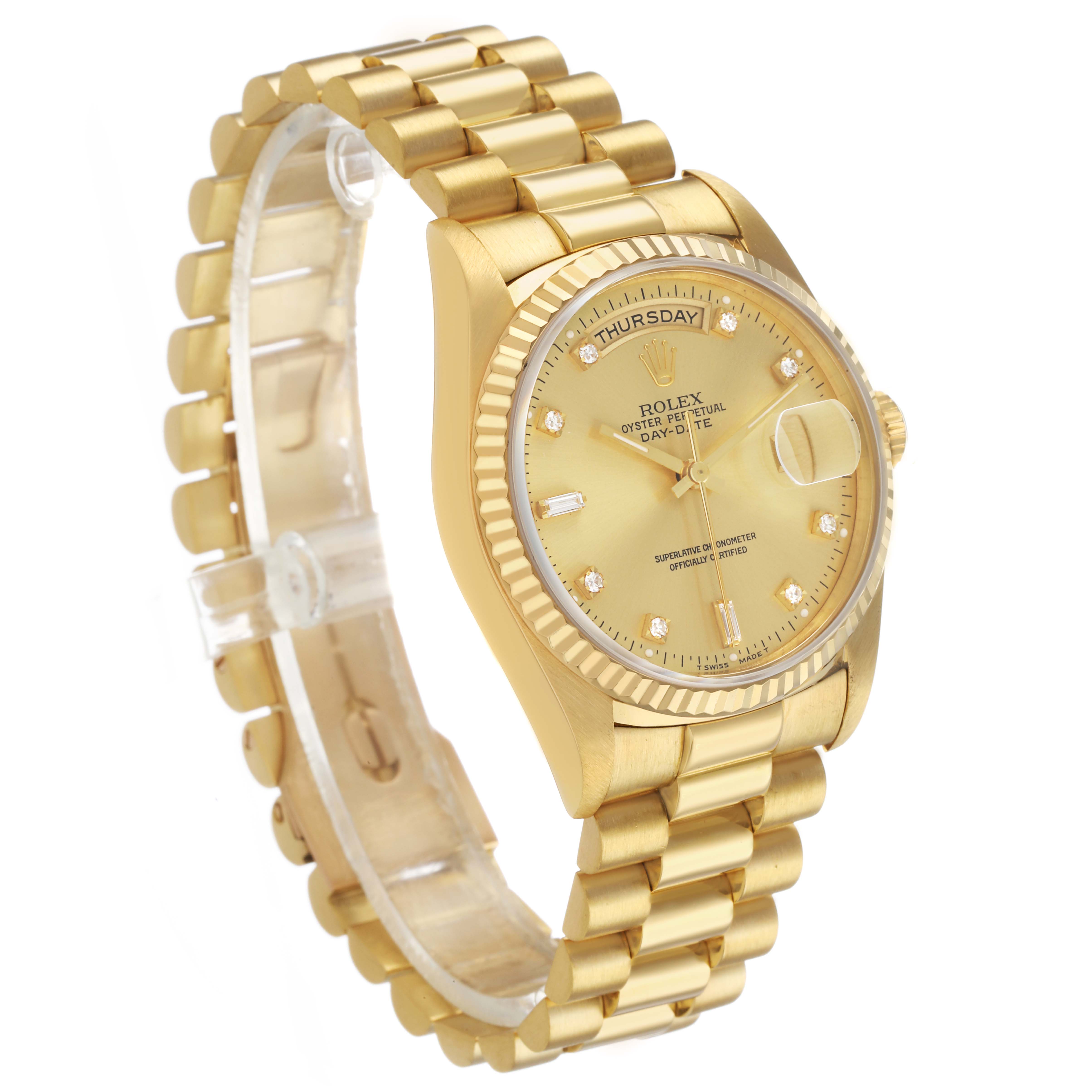 The Rolex President 18238 Men's Yellow Gold Champagne Dial watch is shown from a three-quarter angle, highlighting its gold bracelet and fluted bezel.