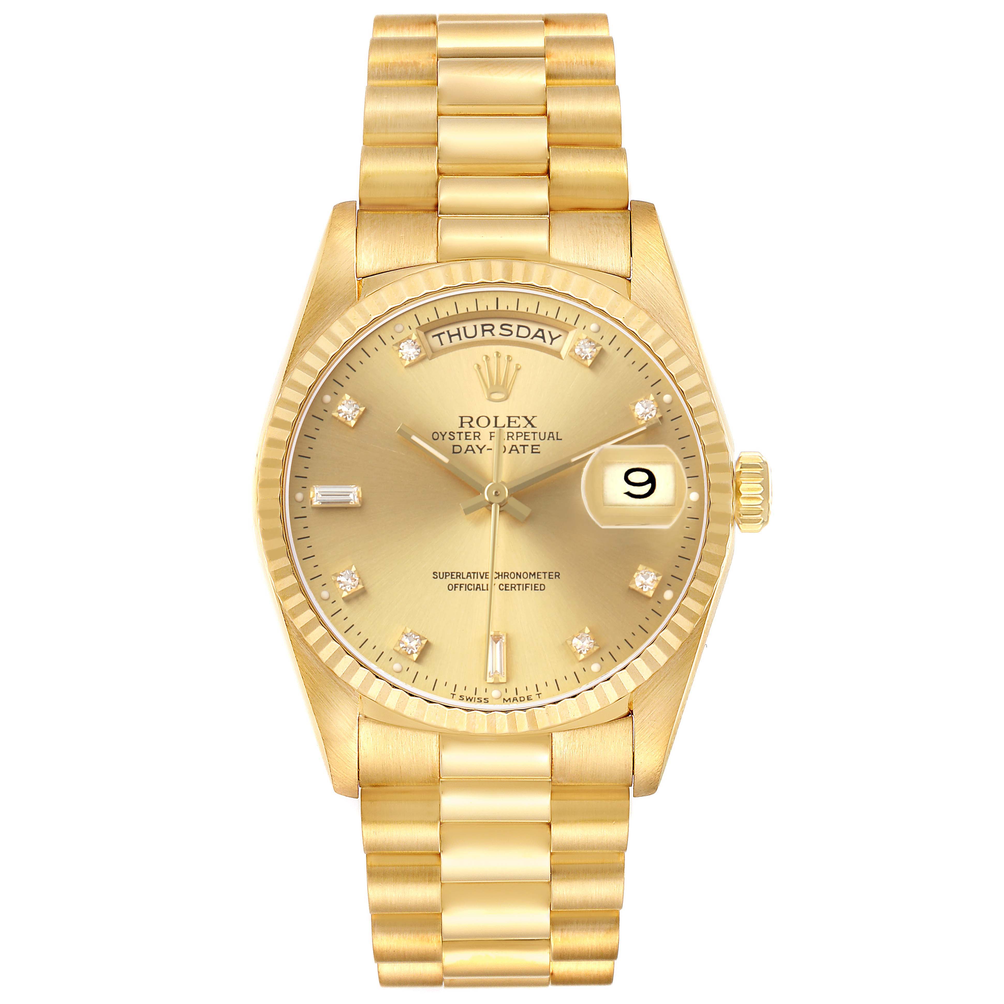 The Rolex President 18238 Men's Yellow Gold Champagne Dial watch is shown from a front angle, displaying its gold bracelet, dial with day and date windows, and diamond hour markers.