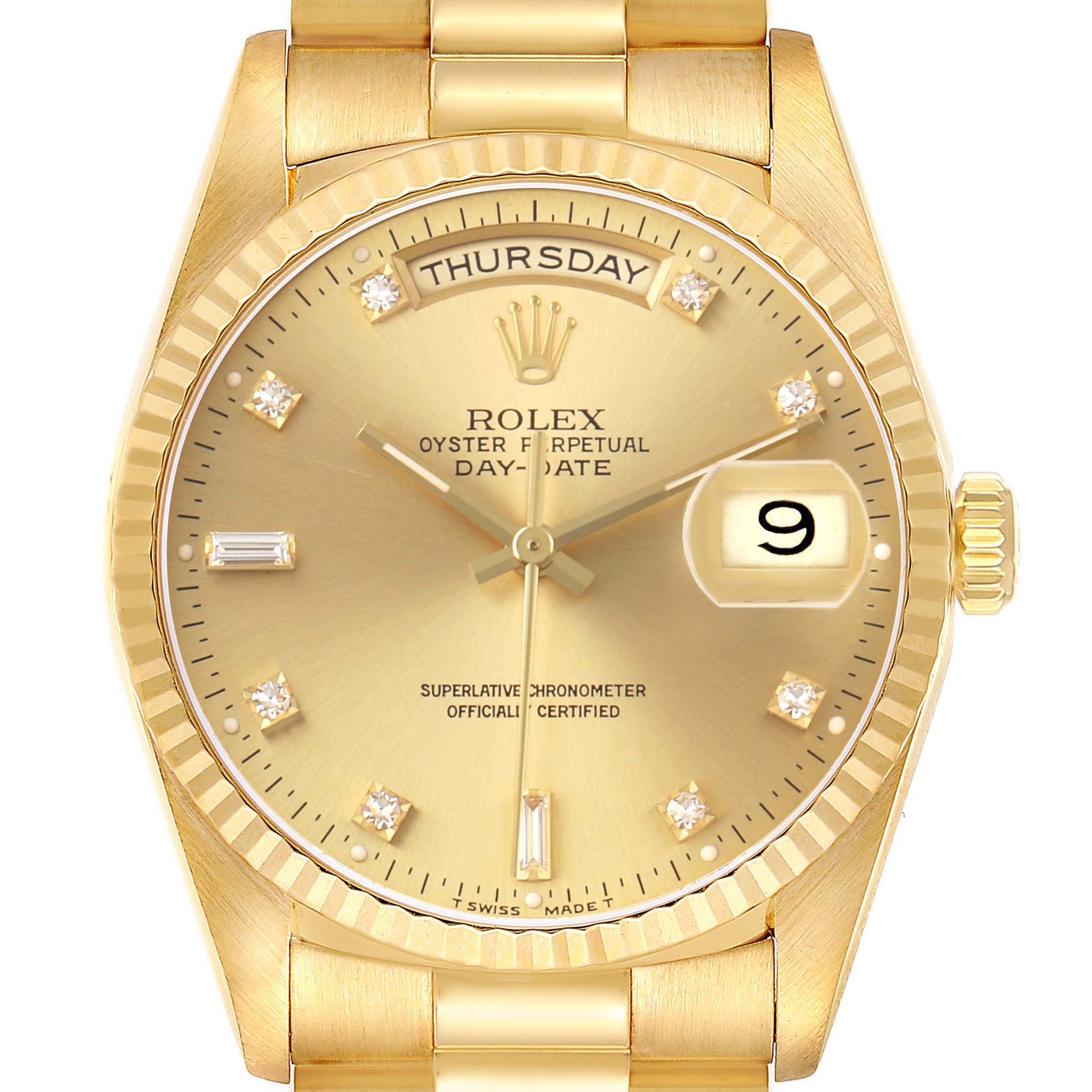 The image shows a frontal view of a Rolex President 18238 Men's Yellow Gold Champagne Dial watch, featuring the dial, bezel, and part of the bracelet.