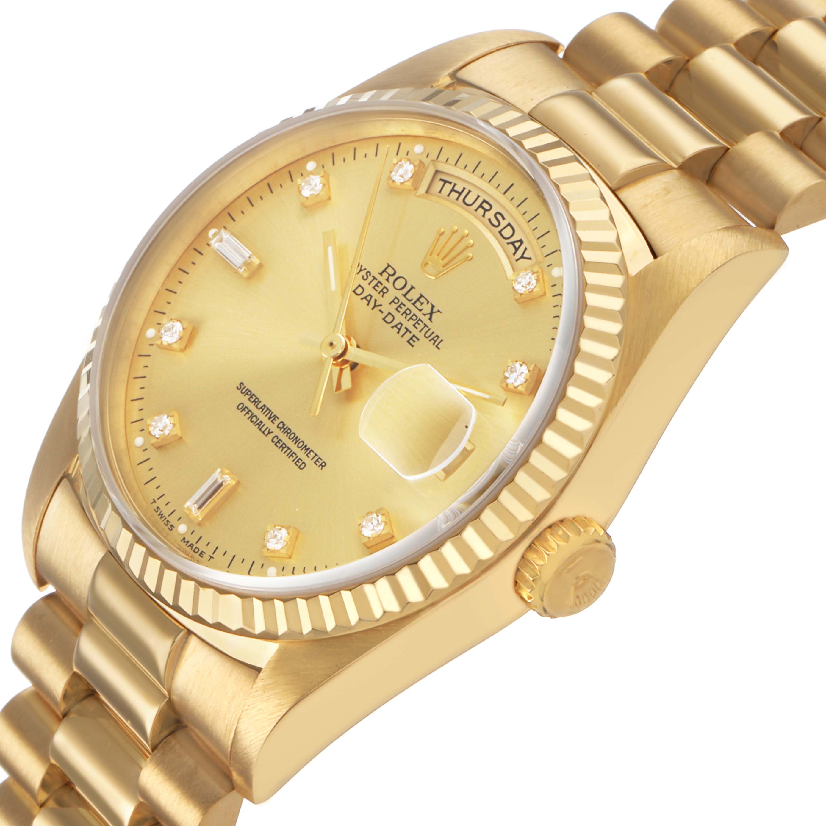 The Rolex President 18238 Men's Yellow Gold Champagne Dial model is shown from a tilted side angle, highlighting the gold case, bracelet, and dial with diamond markers.