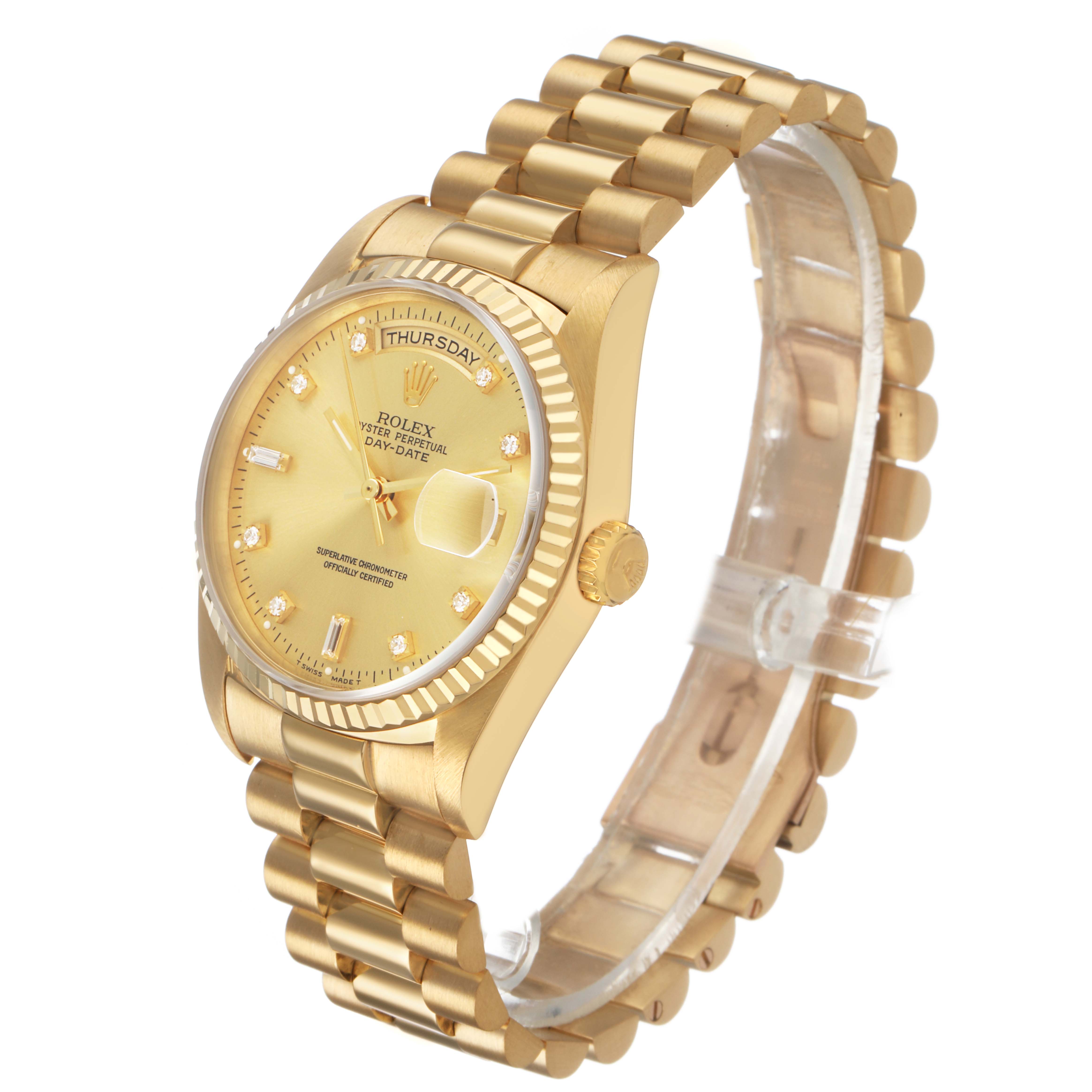 The Rolex President 18238 Men's Yellow Gold Champagne Dial model is shown at a slight angle, displaying the face, bezel, bracelet, and crown.