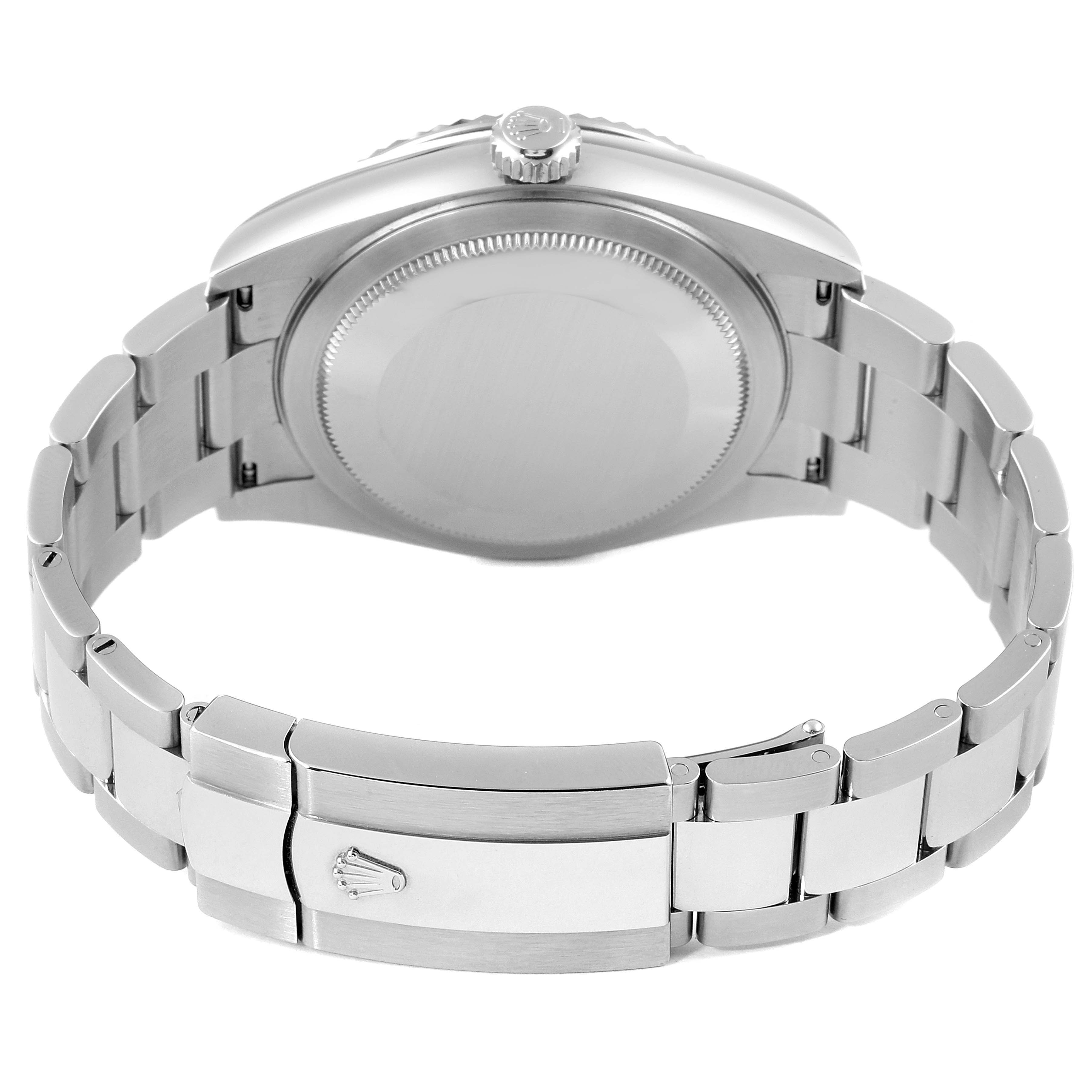 This image shows the back case, crown, and steel bracelet of a Rolex Sky-Dweller 326934 Men's Stainless Steel Black Dial 326934 Men's Stainless Steel Black Dial watch.