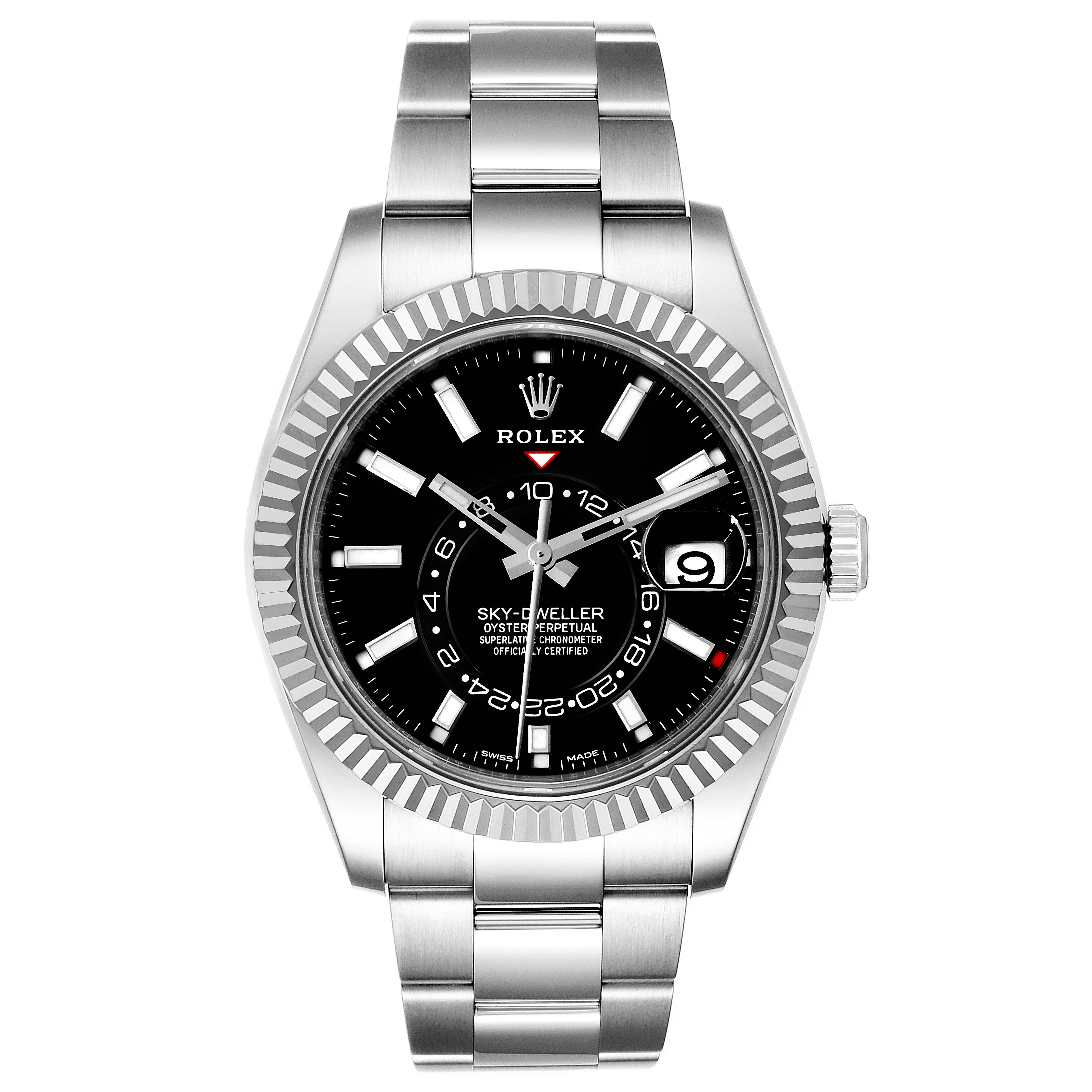 The image shows a front view of a Rolex Sky-Dweller 326934 Men's Stainless Steel Black Dial 326934 Men's Stainless Steel Black Dial watch, featuring its bezel, dial, hands, bracelet, and date window.