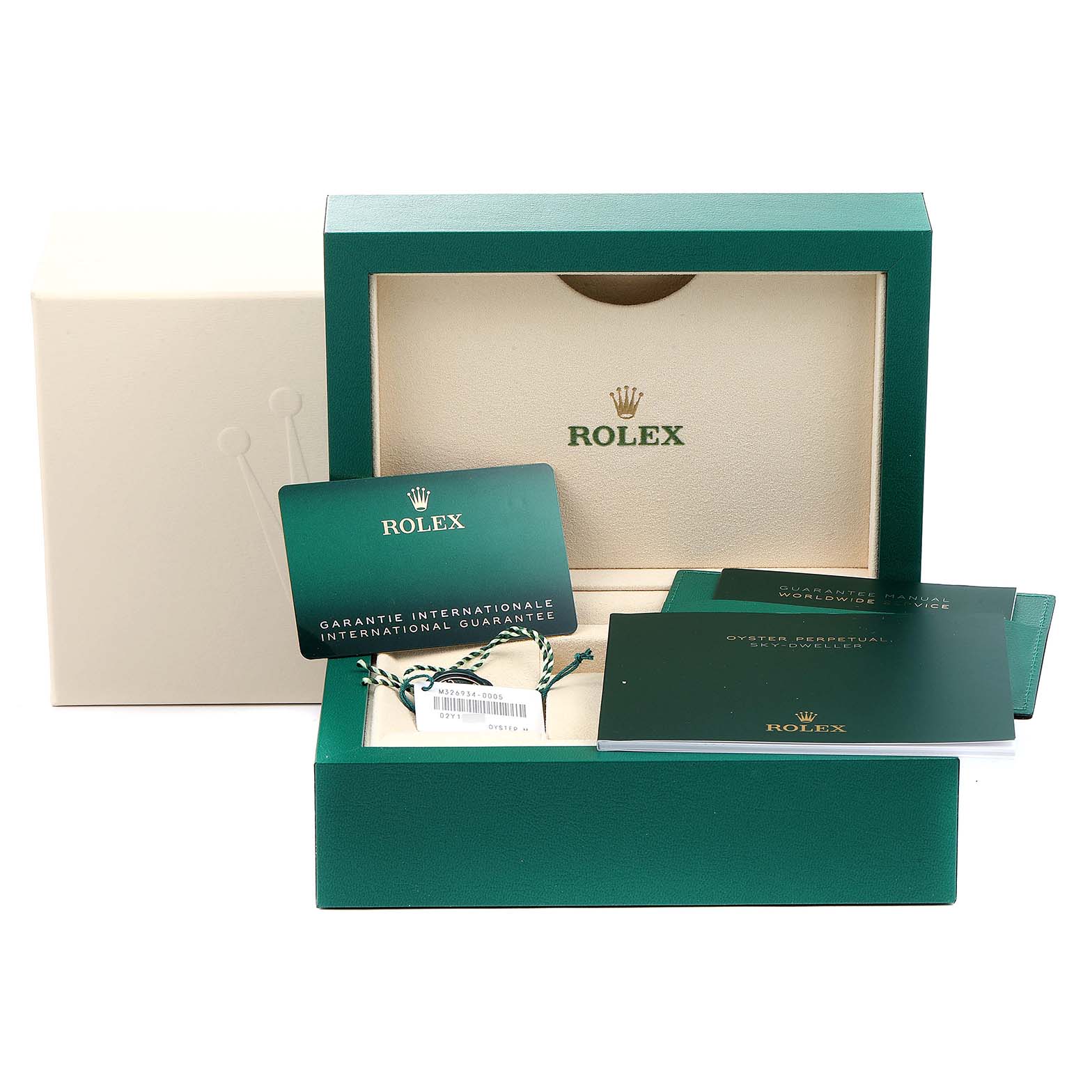 The image shows the original packaging, an international guarantee card, tags, and booklets for the Rolex Sky-Dweller 326934 Men's Stainless Steel Black Dial 326934 Men's Stainless Steel Black Dial watch.