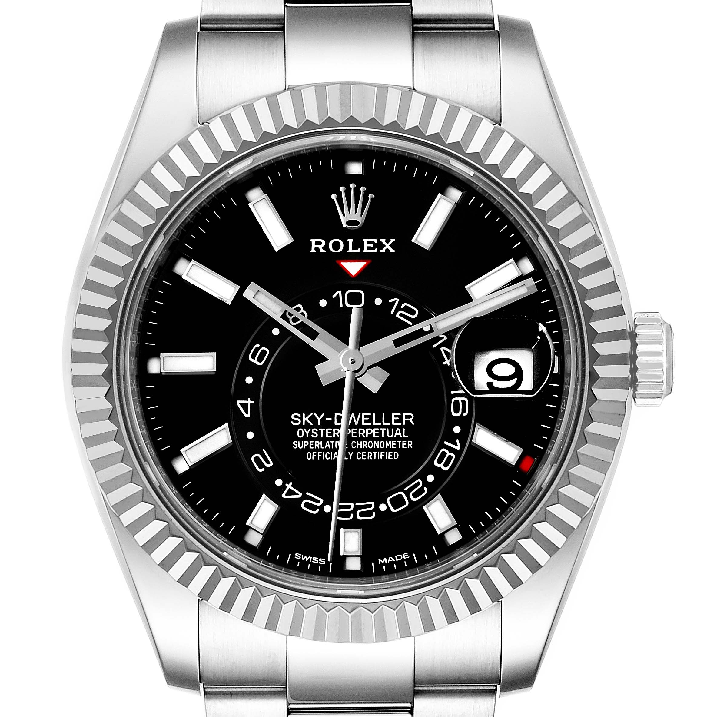 This image shows a front view of the Rolex Sky-Dweller 326934 Men's Stainless Steel Black Dial 326934 Men's Stainless Steel Black Dial watch, highlighting its black dial, fluted bezel, and date window.