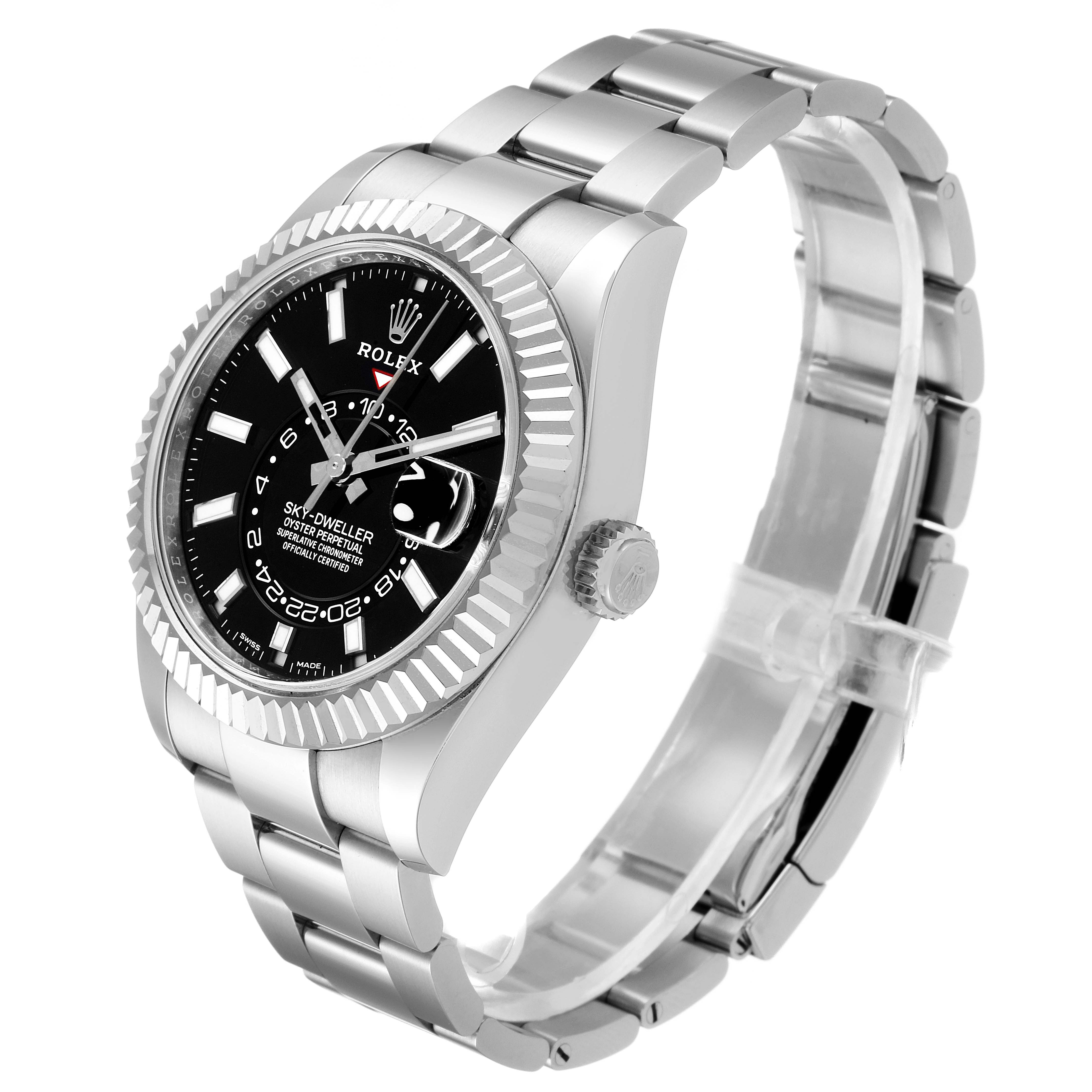 The image shows a Rolex Sky-Dweller 326934 Men's Stainless Steel Black Dial 326934 Men's Stainless Steel Black Dial watch at a three-quarter angle, highlighting its dial, bezel, crown, and bracelet.