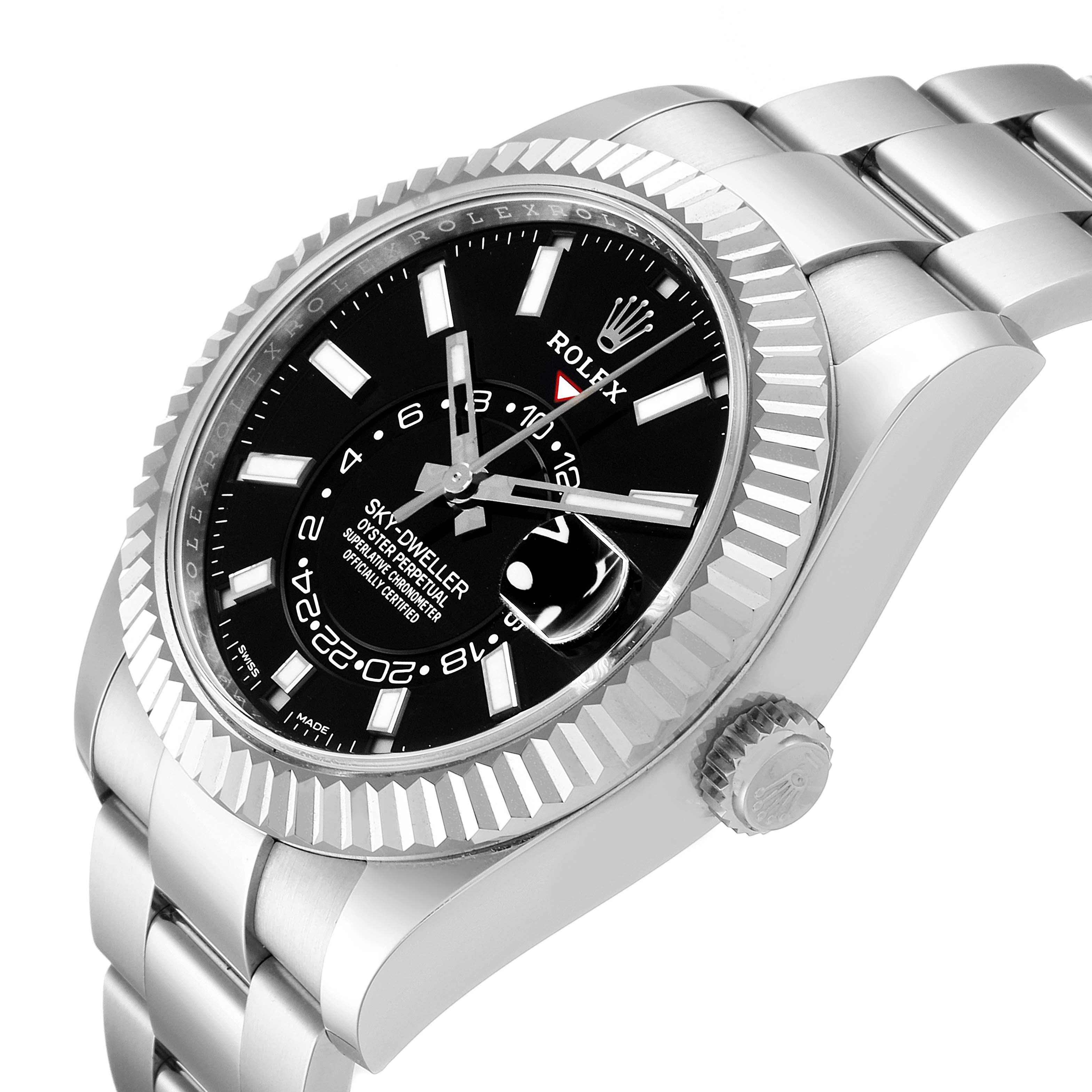The image shows a side angle of a Rolex Sky-Dweller 326934 Men's Stainless Steel Black Dial 326934 Men's Stainless Steel Black Dial watch, displaying the dial, bezel, case, bracelet, and crown.