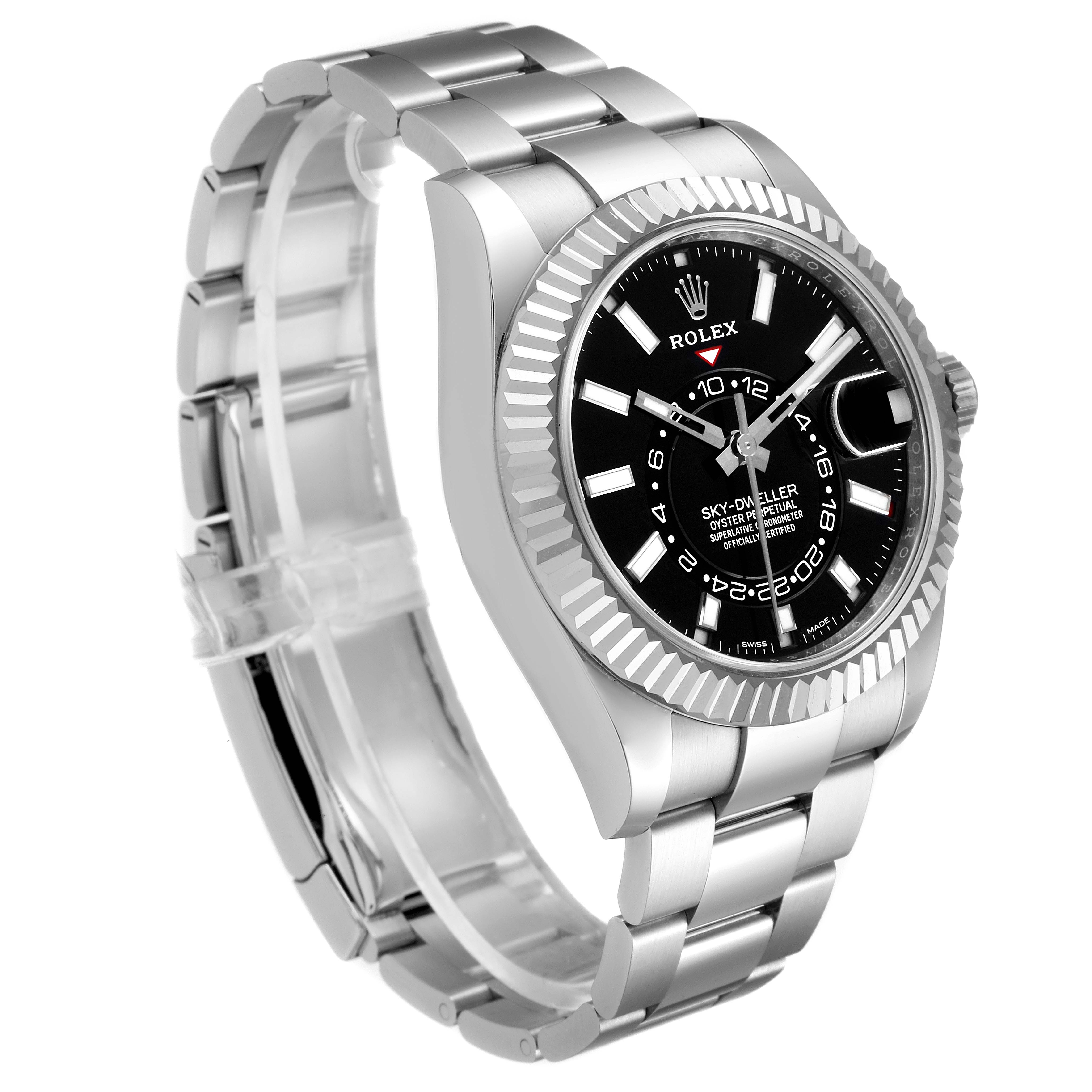 The Rolex Sky-Dweller 326934 Men's Stainless Steel Black Dial 326934 Men's Stainless Steel Black Dial watch is shown at an angle displaying the face, bezel, crown, and bracelet.