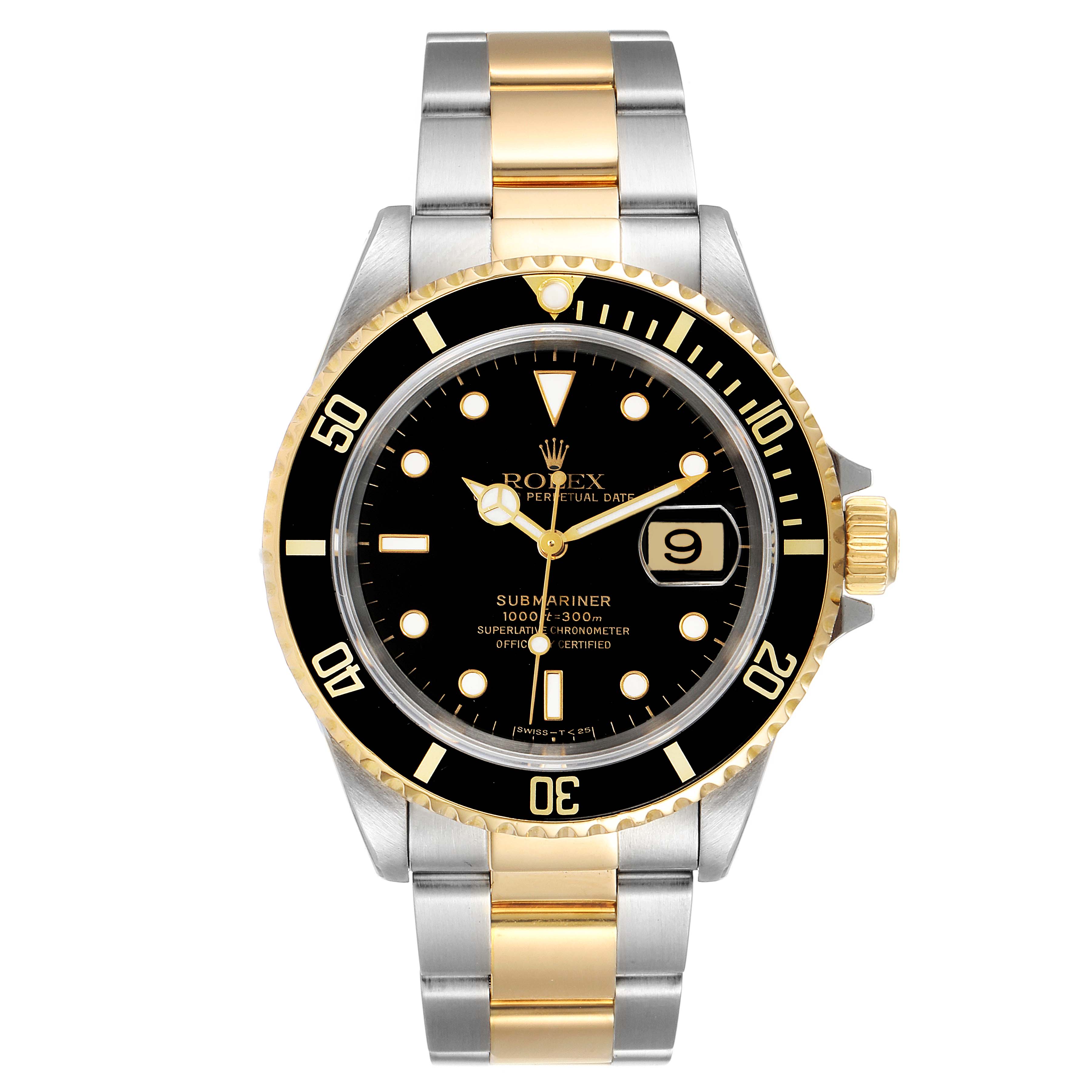 The image shows a front view of the Rolex Submariner 16613 Men's Steel and Gold (two tone) Black Dial 16613 Men's Steel and Gold (two tone) Black Dial watch, highlighting its two-tone bracelet, black dial, and date display.