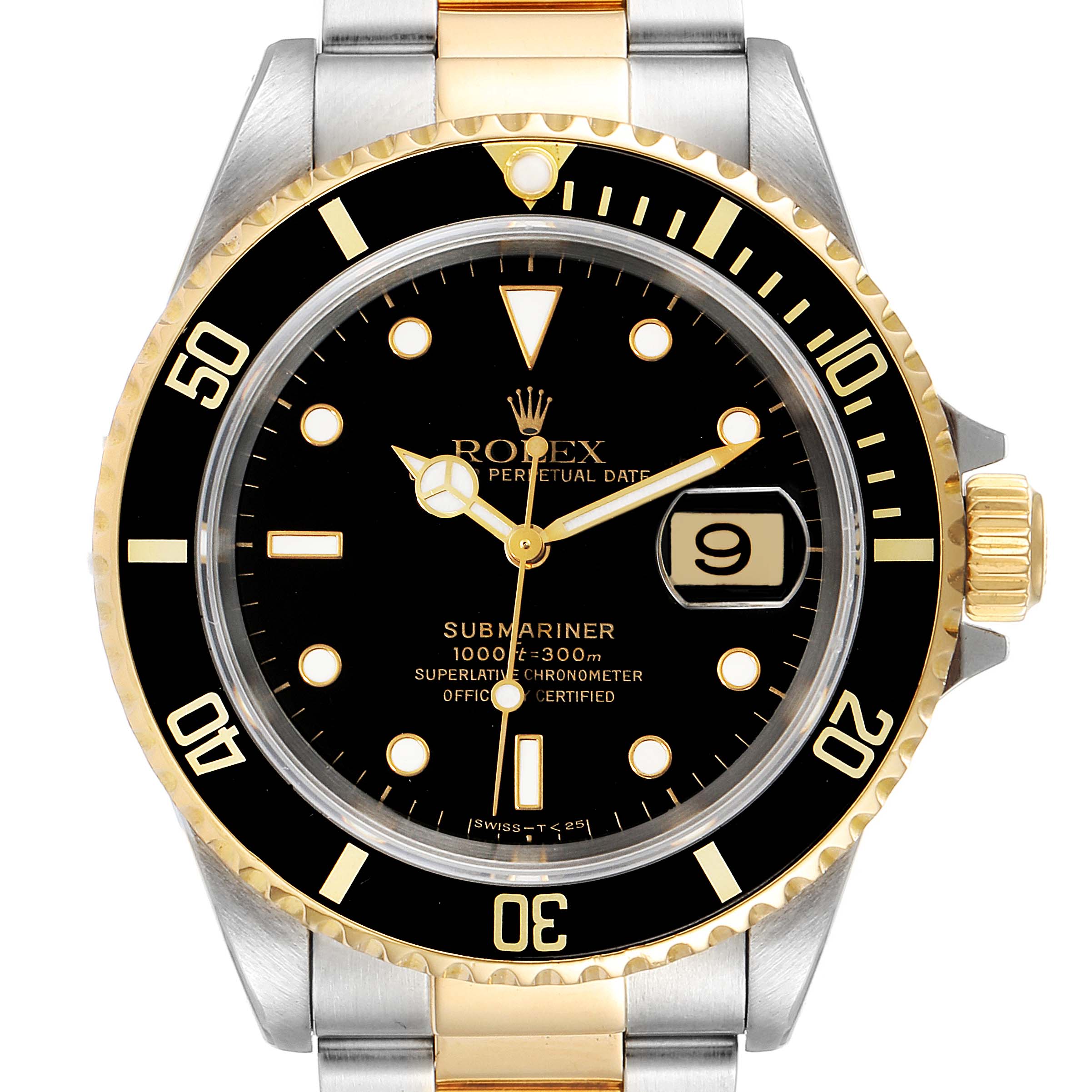 The image shows a Rolex Submariner 16613 Men's Steel and Gold (two tone) Black Dial 16613 Men's Steel and Gold (two tone) Black Dial watch from a front angle, displaying the face, bezel, crown, and part of the bracelet.