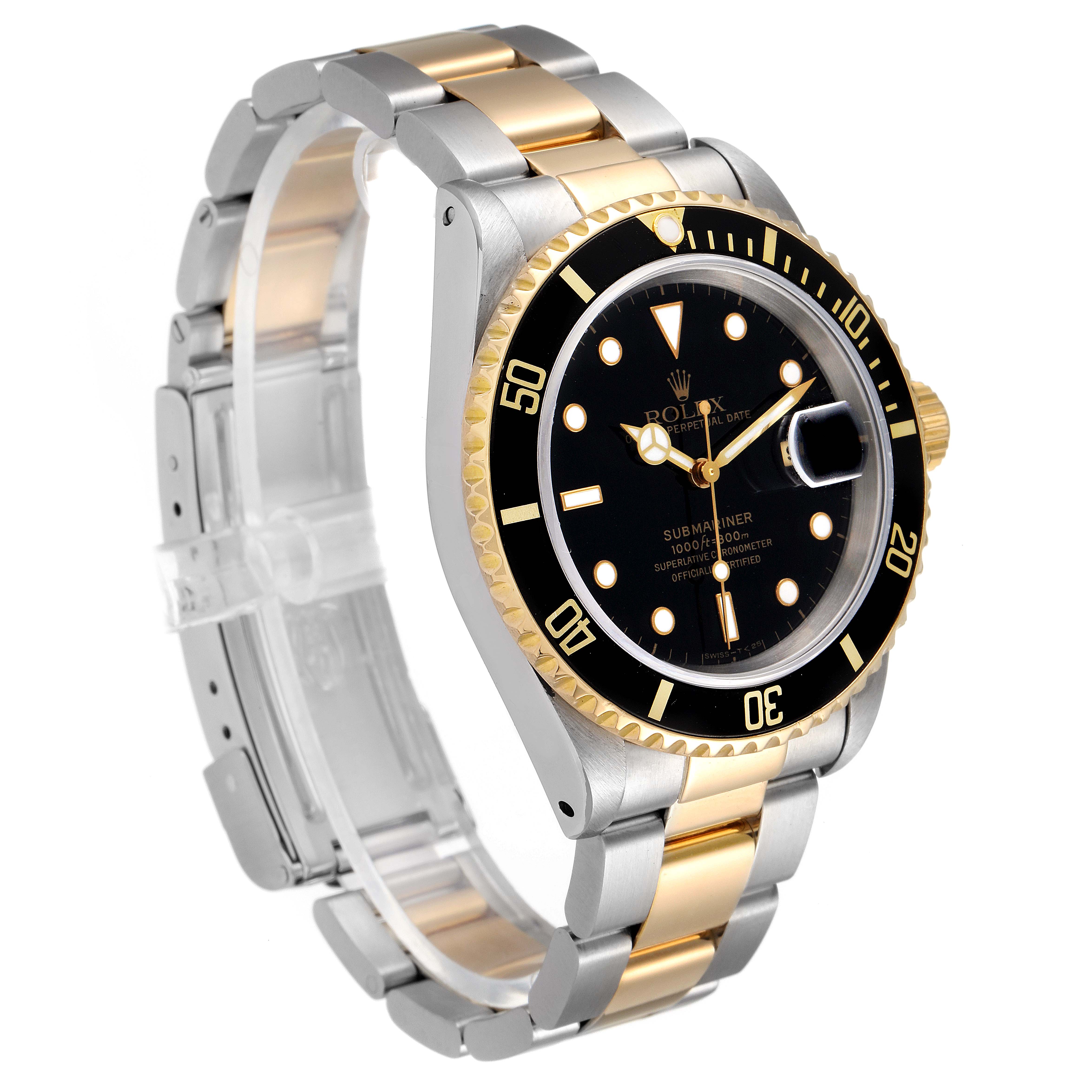 The image shows a Rolex Submariner 16613 Men's Steel and Gold (two tone) Black Dial 16613 Men's Steel and Gold (two tone) Black Dial watch at a three-quarter angle, highlighting its black dial, two-tone bracelet, and bezel.
