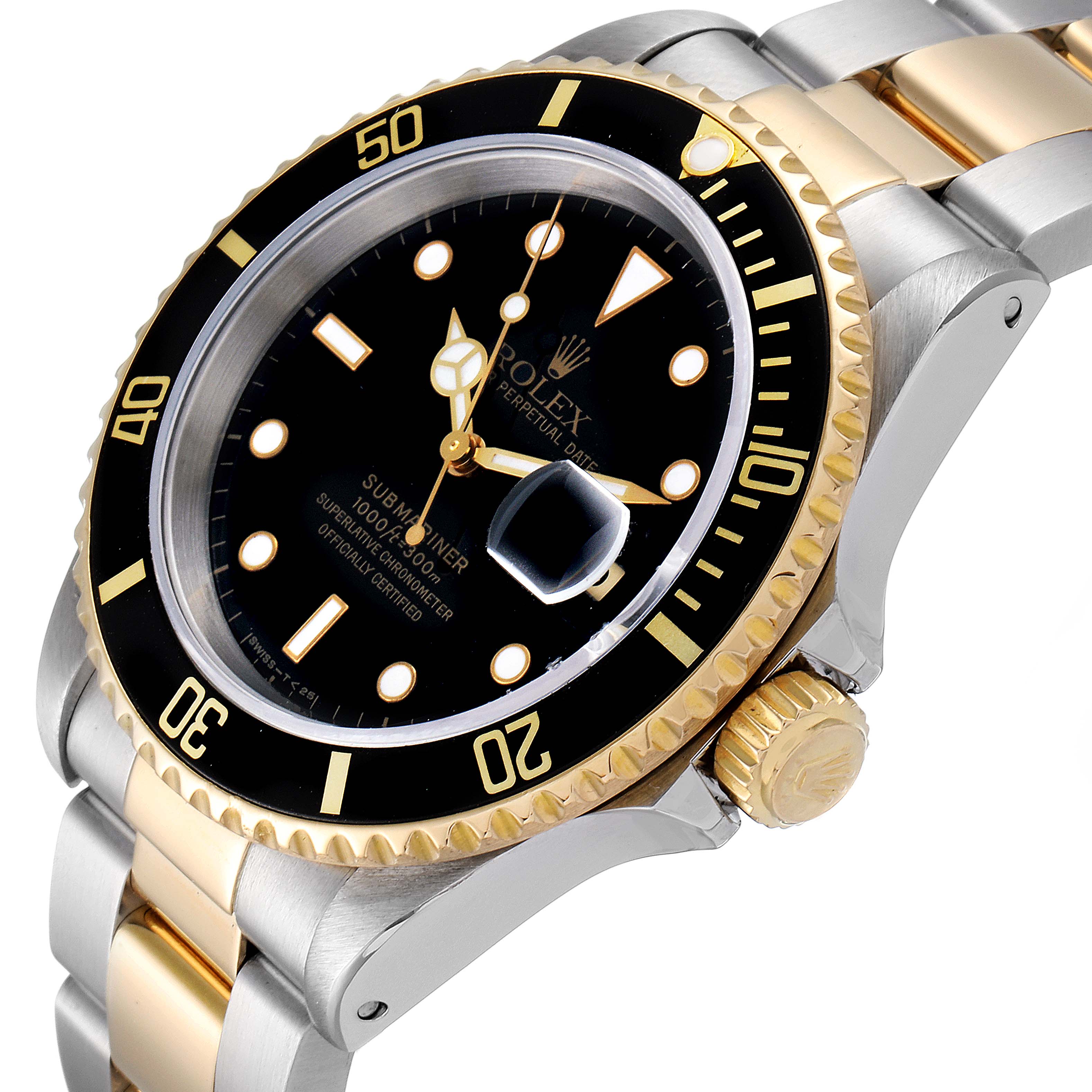 The image shows a Rolex Submariner 16613 Men's Steel and Gold (two tone) Black Dial 16613 Men's Steel and Gold (two tone) Black Dial angled from the top right, featuring the bezel, dial, crown, and part of the bracelet.