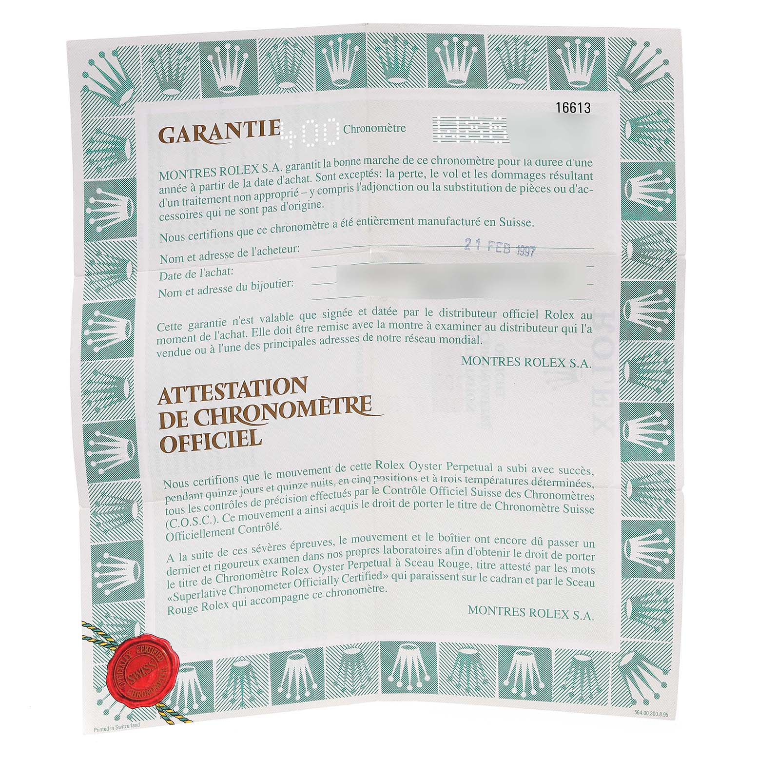 This image shows a warranty and certification document for a Rolex Submariner 16613 Men's Steel and Gold (two tone) Black Dial 16613 Men's Steel and Gold (two tone) Black Dial, highlighting official authenticity details.