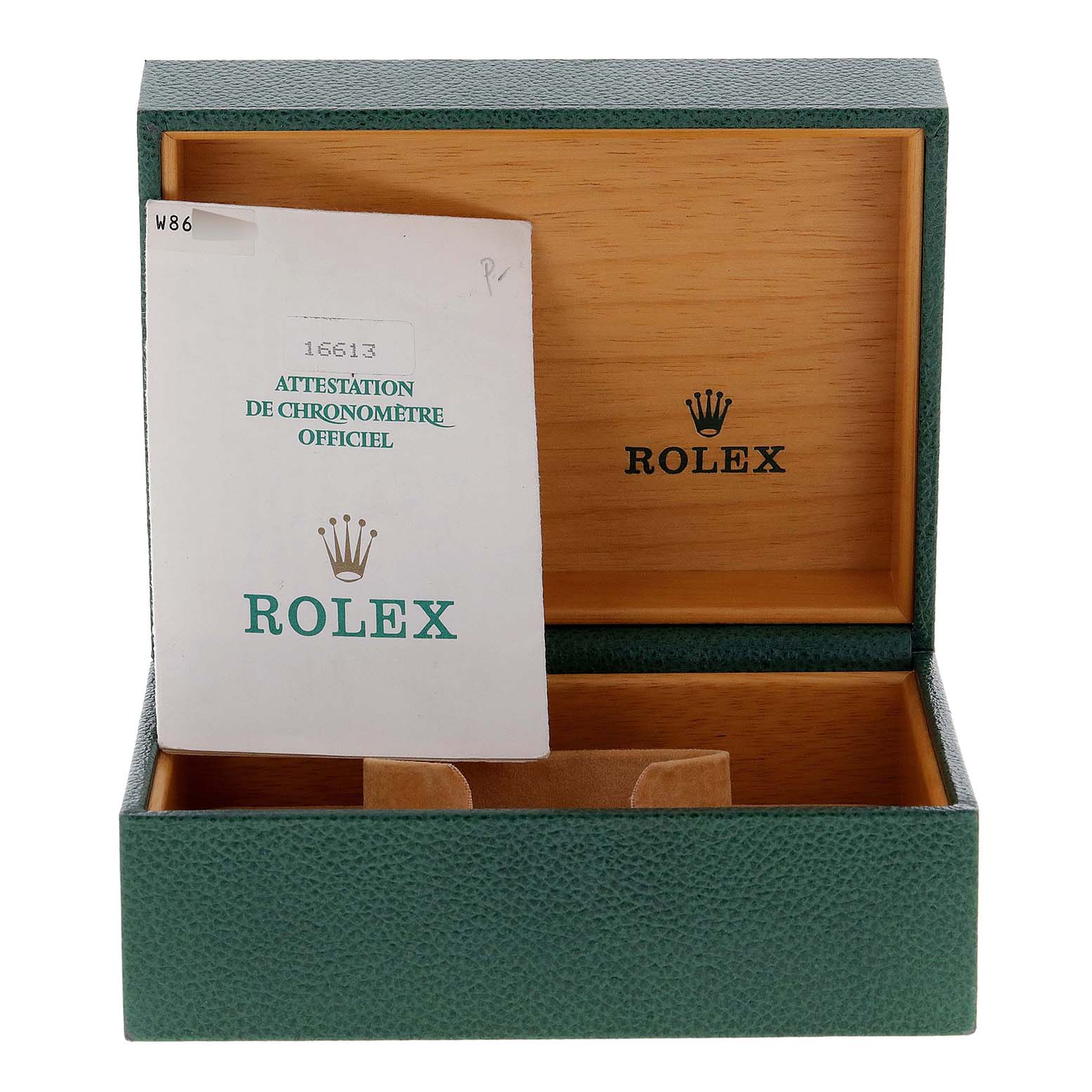 A green open Rolex box with a "Rolex Submariner 16613 Men's Steel and Gold (two tone) Black Dial 16613 Men's Steel and Gold (two tone) Black Dial" manual inside is displayed at a straight angle.