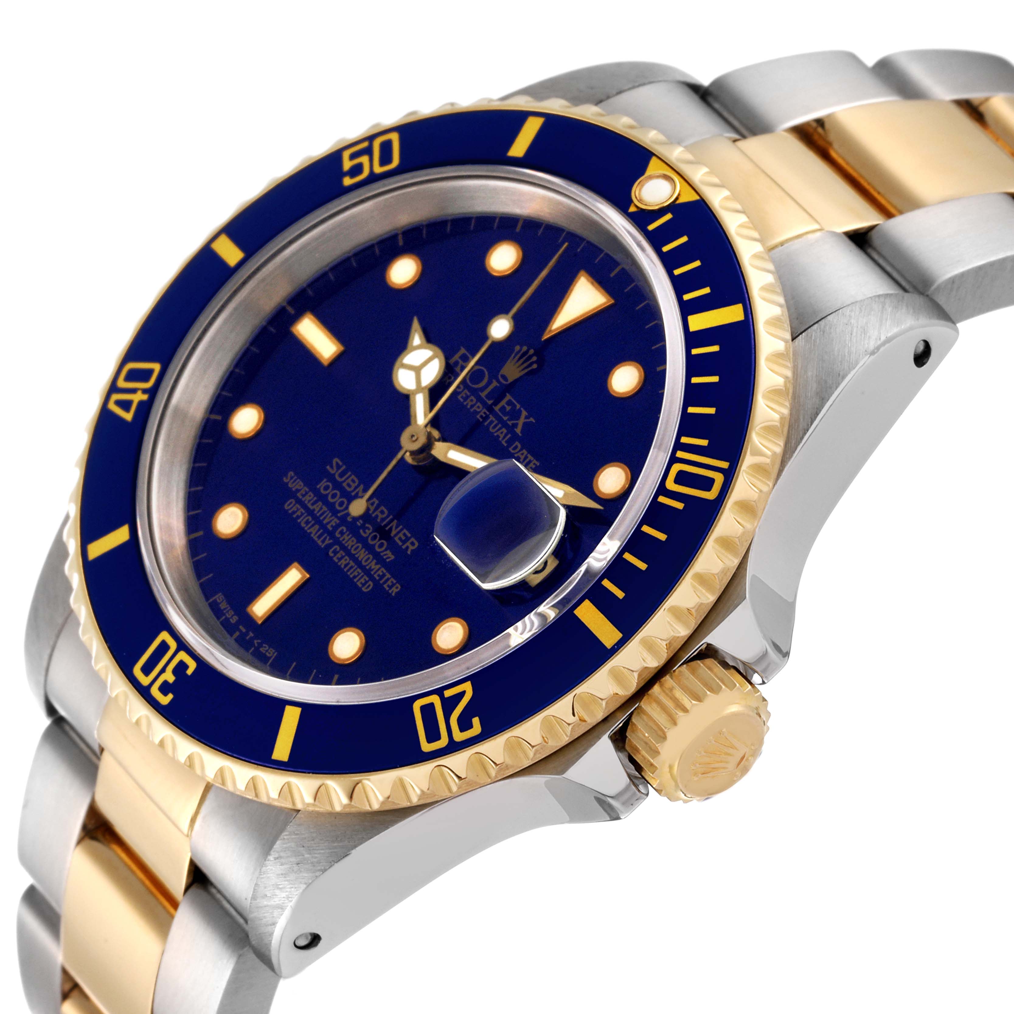 The image shows a close-up angle of the Rolex Submariner 16613 Men's Steel and Gold (two tone) Blue Dial 16613 Men's Steel and Gold (two tone) Blue Dial watch, displaying the dial, bezel, crown, and part of the bracelet.