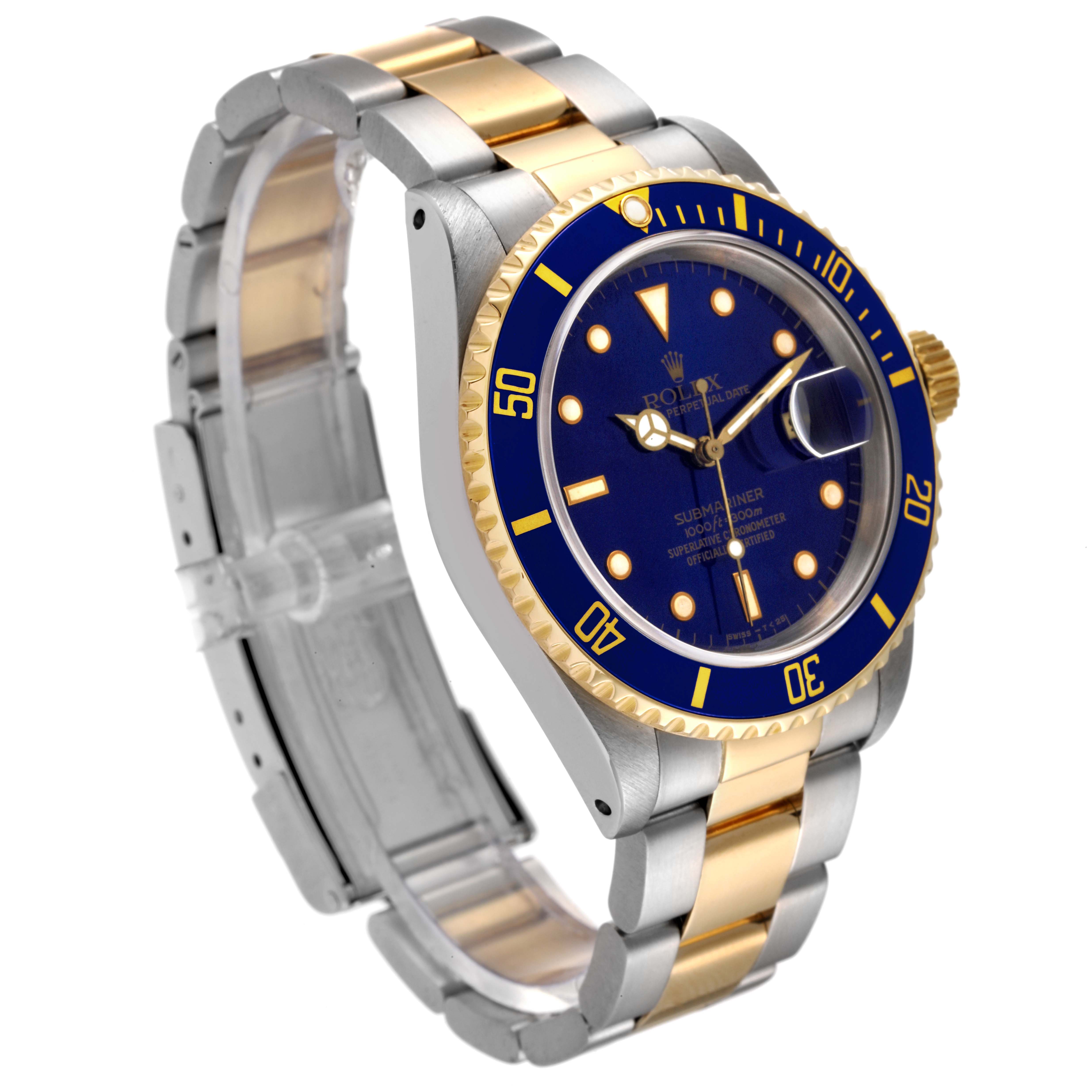 This image shows a side and angled view of a Rolex Submariner 16613 Men's Steel and Gold (two tone) Blue Dial 16613 Men's Steel and Gold (two tone) Blue Dial watch, highlighting its blue dial, gold accents, and two-tone bracelet.