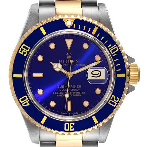Photo of Rolex Submariner Blue Dial Purple Hue Steel Yellow Gold Mens Watch 16613