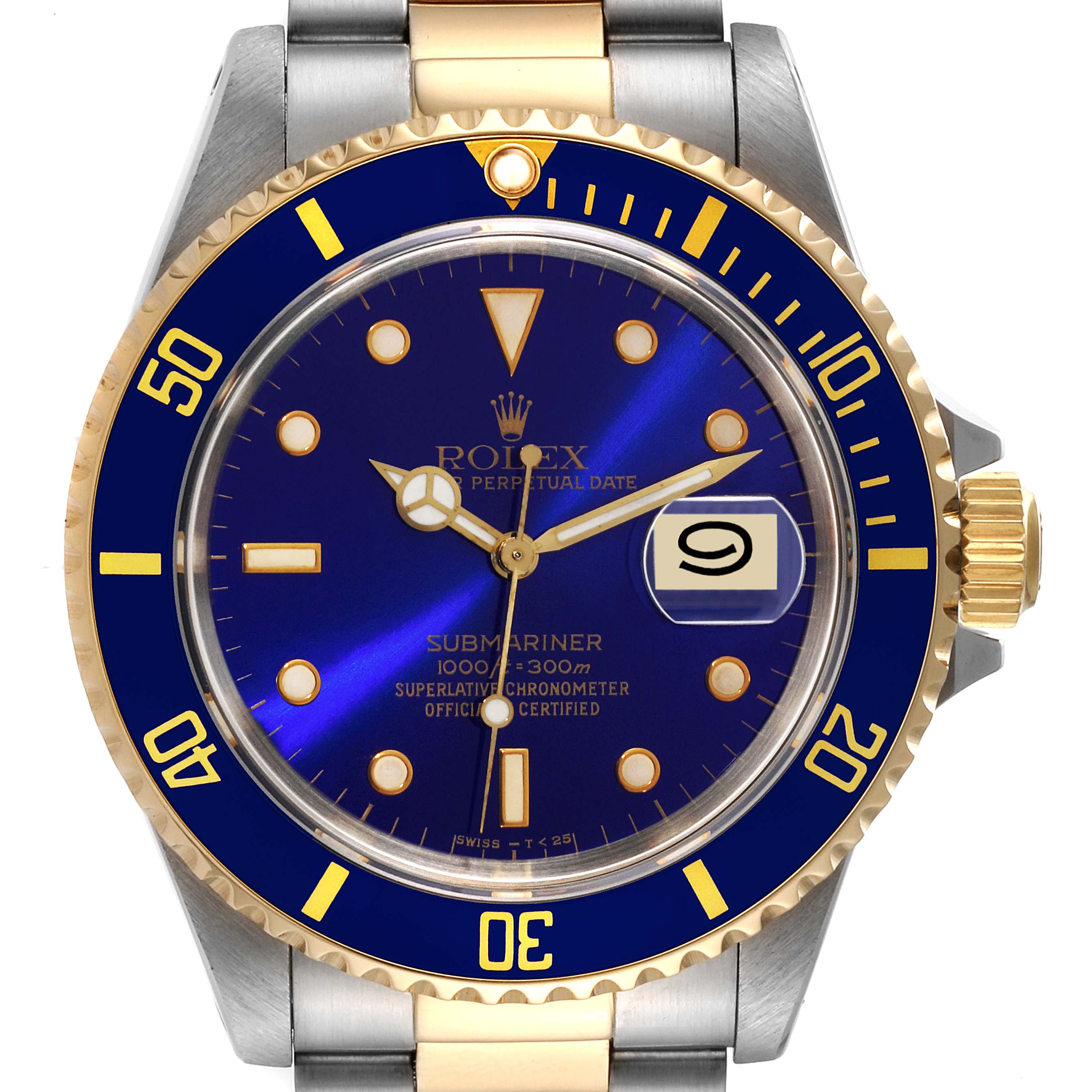 This image shows a front view of the Rolex Submariner 16613 Men's Steel and Gold (two tone) Blue Dial 16613 Men's Steel and Gold (two tone) Blue Dial watch, highlighting its blue dial and bezel, gold accents, and date display.