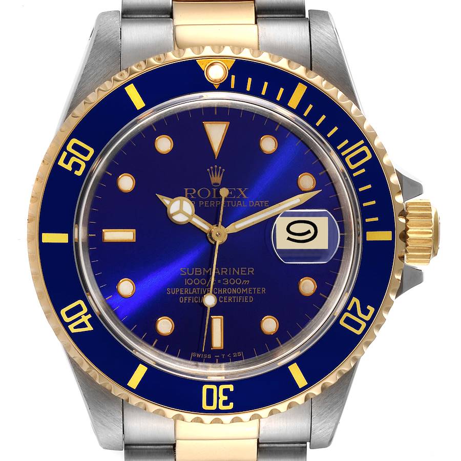 Rolex Submariner Blue Dial Purple Hue Steel Yellow Gold Mens Watch 16613 SwissWatchExpo