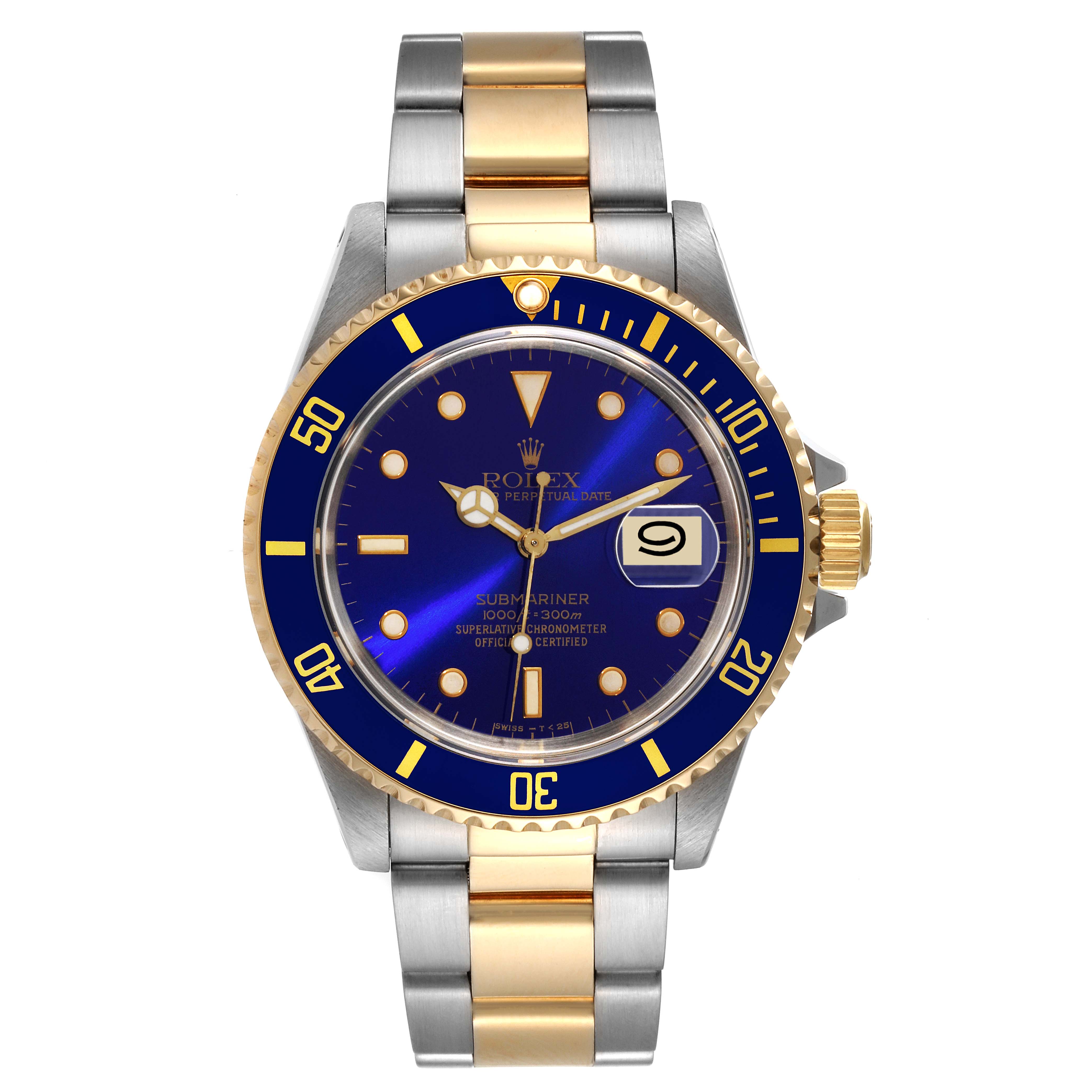 This image shows a front view of a Rolex Submariner 16613 Men's Steel and Gold (two tone) Blue Dial 16613 Men's Steel and Gold (two tone) Blue Dial watch, displaying the face, bezel, and bracelet.