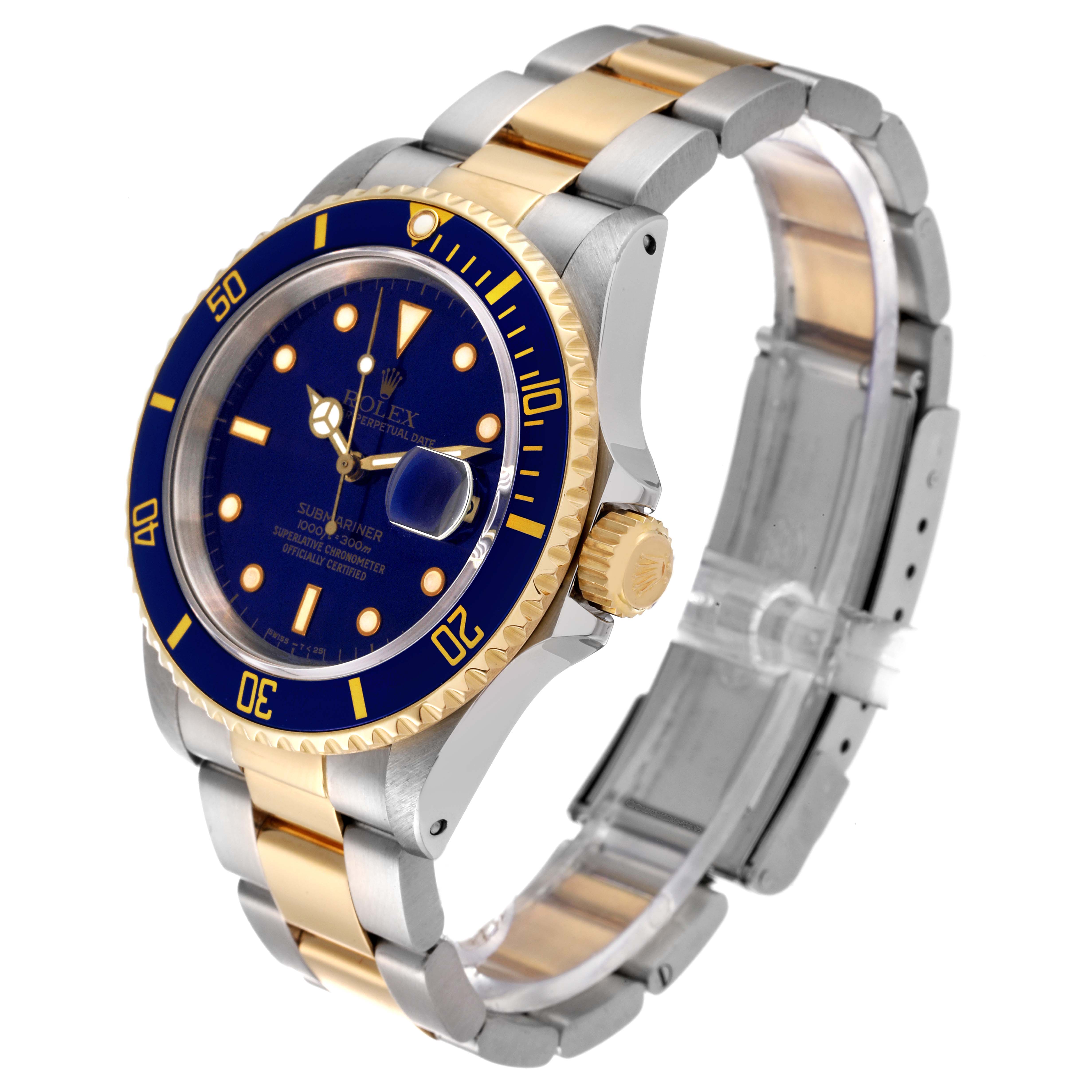 The image shows a Rolex Submariner 16613 Men's Steel and Gold (two tone) Blue Dial 16613 Men's Steel and Gold (two tone) Blue Dial watch from a side angle, highlighting its blue dial, bezel, gold accents, and stainless steel bracelet.