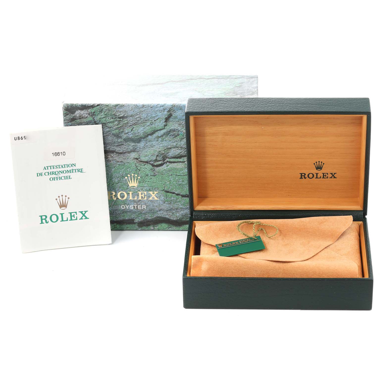 The image shows the packaging, manual, and empty box for a Rolex Submariner 16610 Men
s Stainless Steel Black Dial 16610 Men
s Stainless Steel Black Dial watch, with the cover and certificate visible.