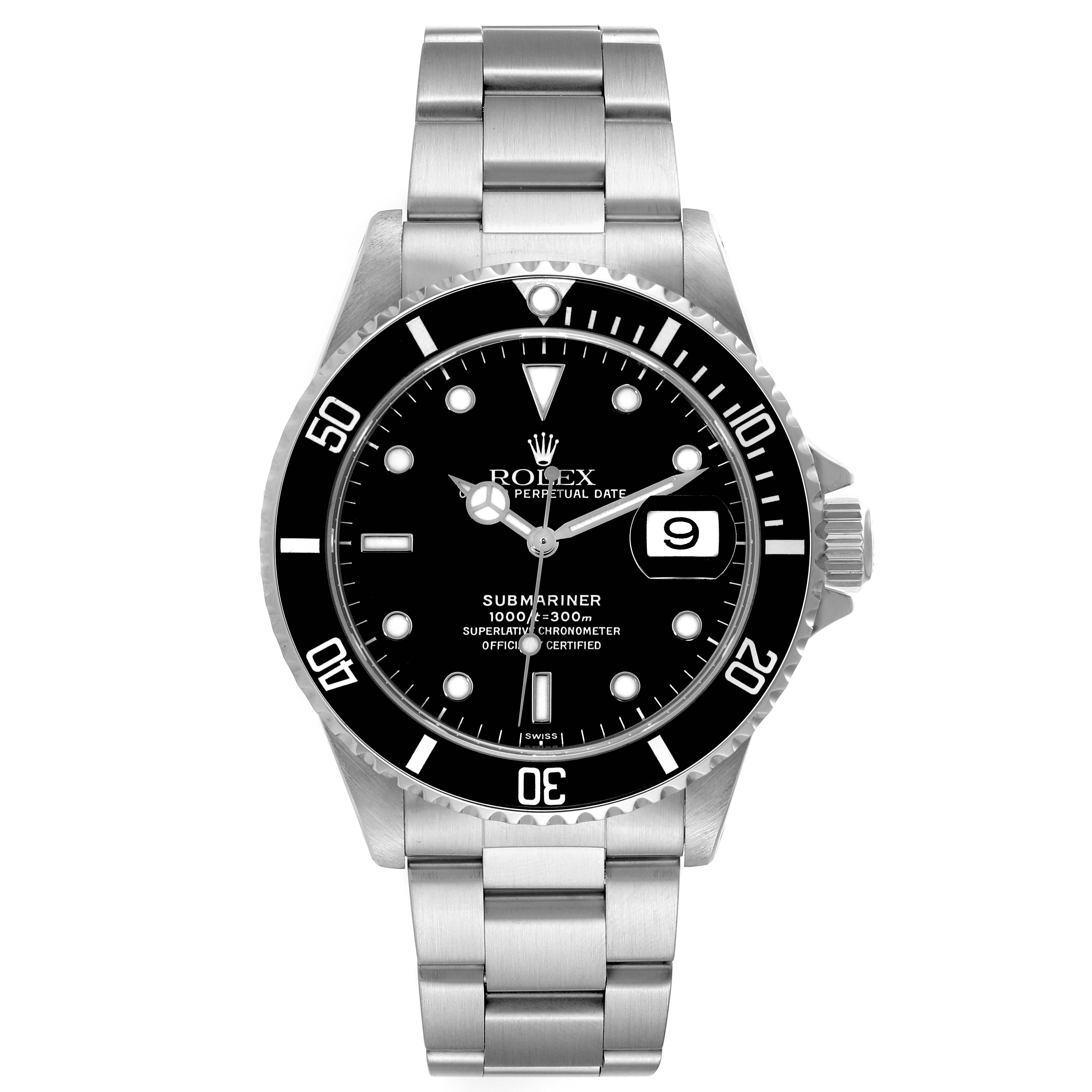 The Rolex Submariner 16610 Men
s Stainless Steel Black Dial 16610 Men
s Stainless Steel Black Dial watch is shown from a front angle, capturing the face, bezel, and bracelet.
