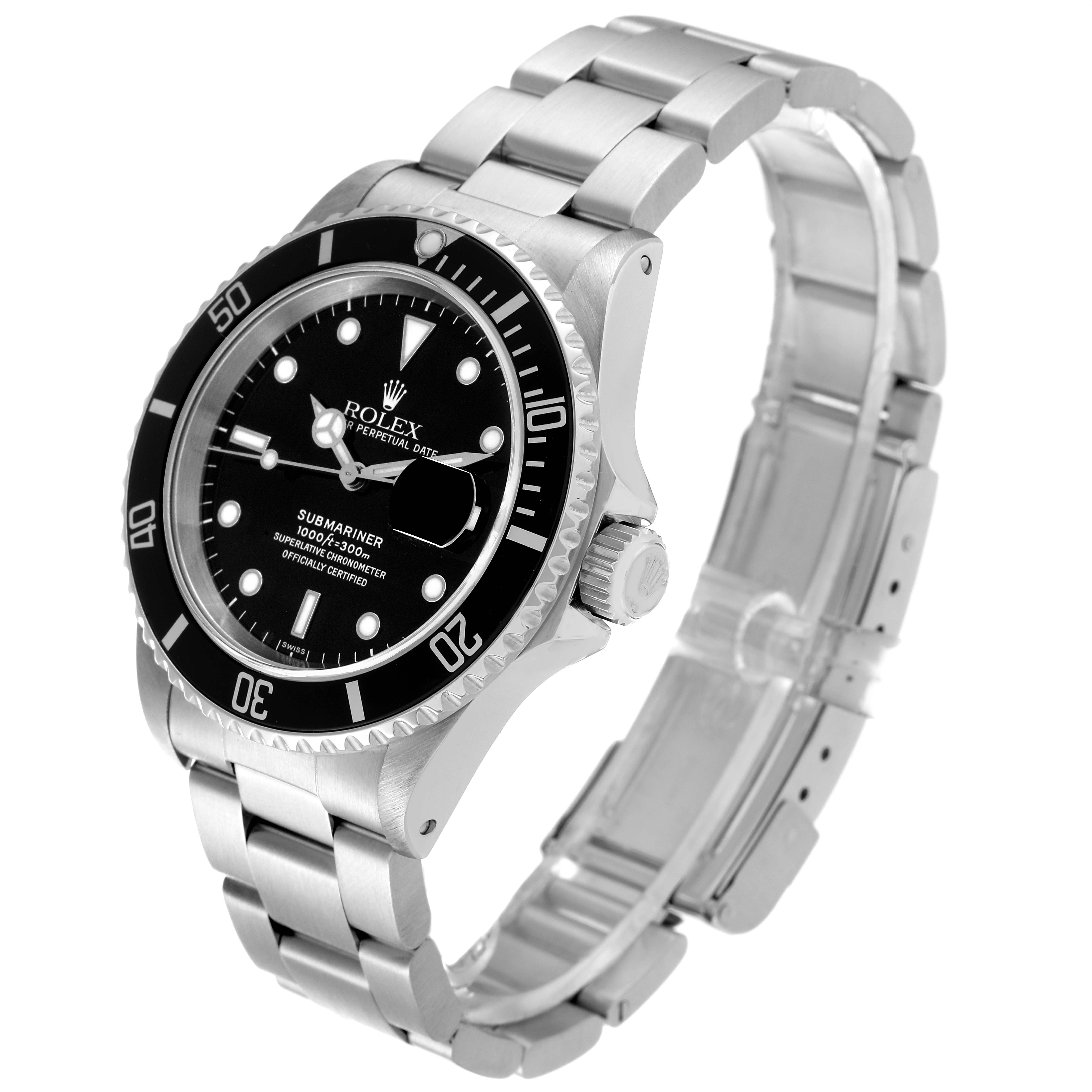 The image shows a Rolex Submariner 16610 Men
s Stainless Steel Black Dial 16610 Men
s Stainless Steel Black Dial watch from a 3/4 angle, displaying its face, bezel, crown, and bracelet.