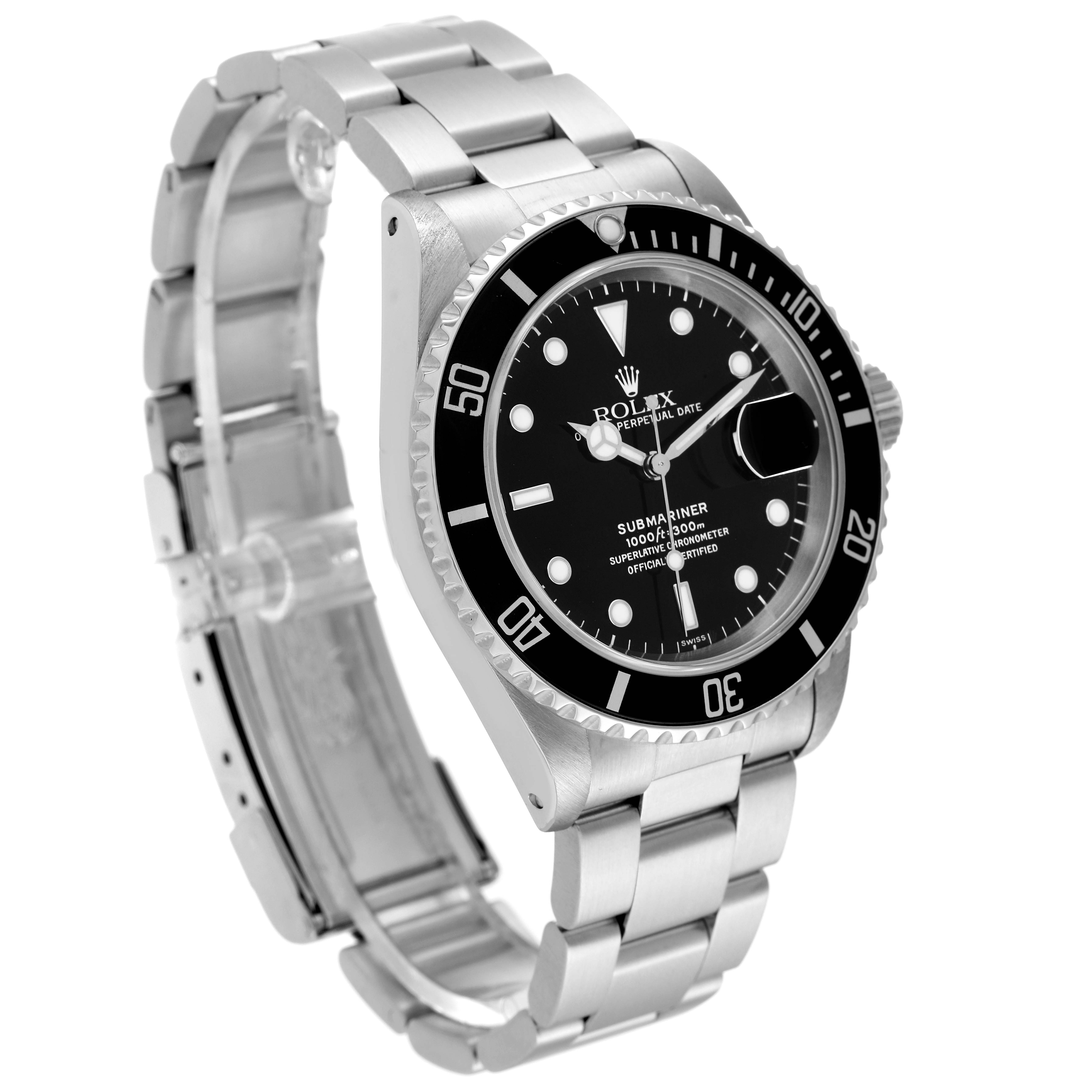 The image shows a Rolex Submariner 16610 Men
s Stainless Steel Black Dial 16610 Men
s Stainless Steel Black Dial watch from an angled side view, highlighting the face, bezel, and metal bracelet.