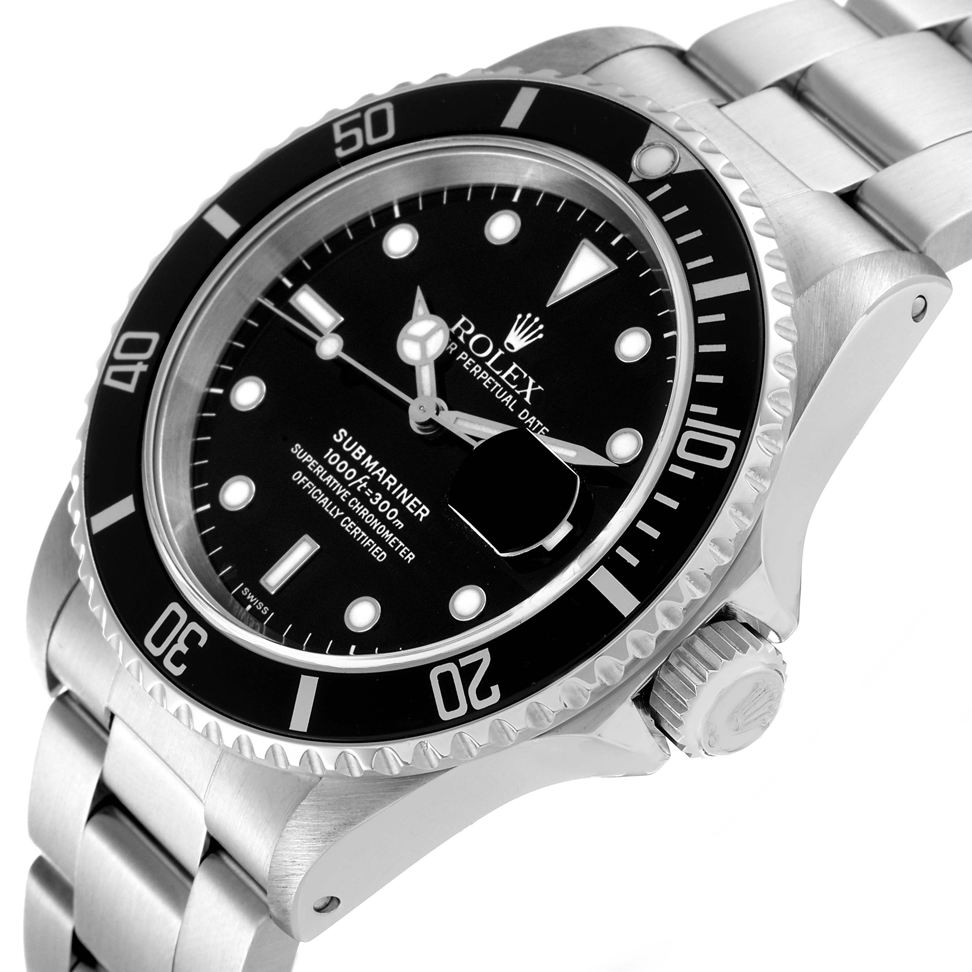 The image shows a side view and partial front view of the Rolex Submariner 16610 Men
s Stainless Steel Black Dial 16610 Men
s Stainless Steel Black Dial watch, highlighting the bezel, dial, and crown.