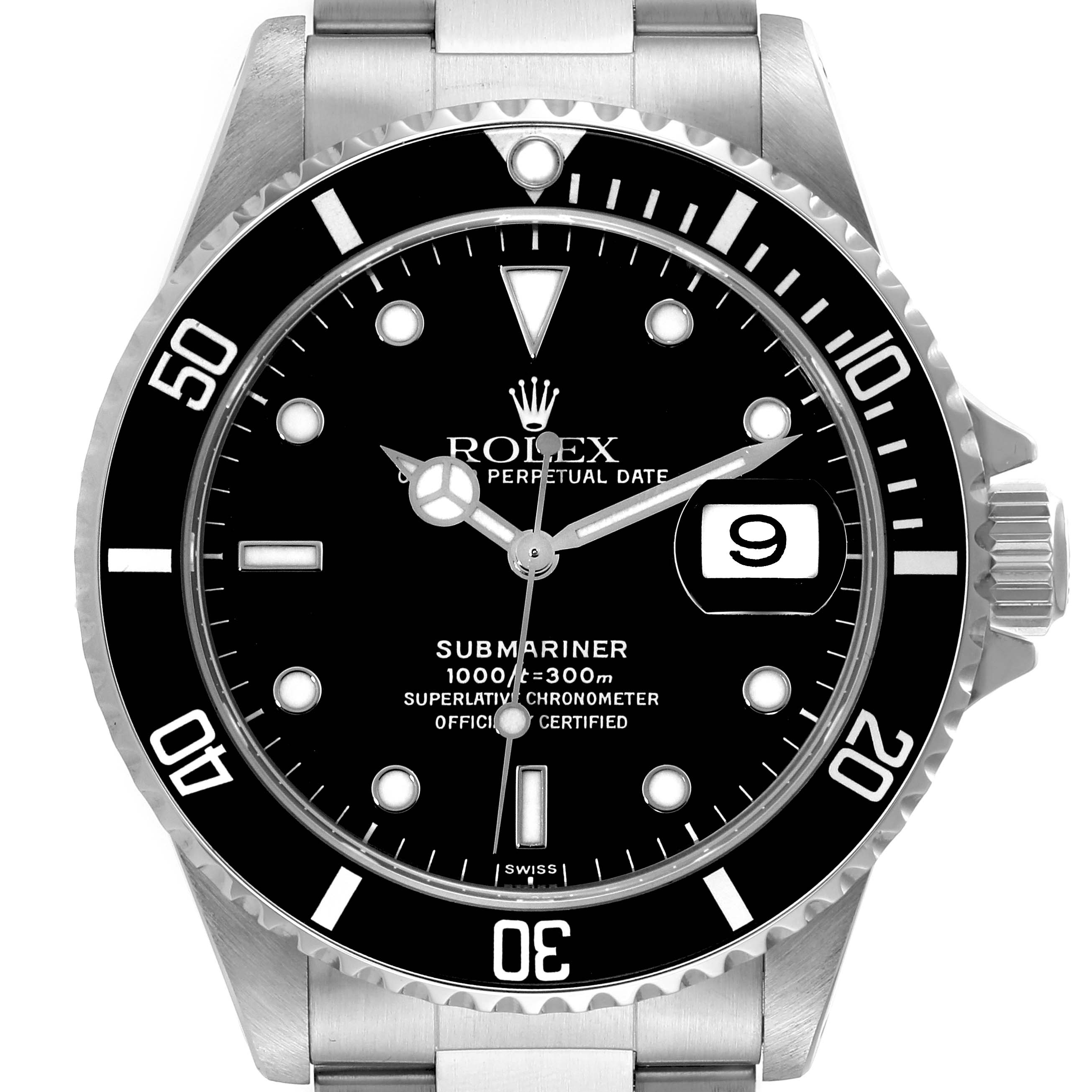 This image shows a front view of the Rolex Submariner 16610 Men
s Stainless Steel Black Dial 16610 Men
s Stainless Steel Black Dial watch, highlighting its dial, bezel, and date window.